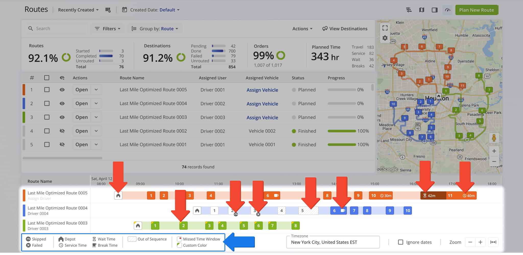 Icons and Color Coding provide visual indications of stop-specific details like wait tile or skipped destinations.