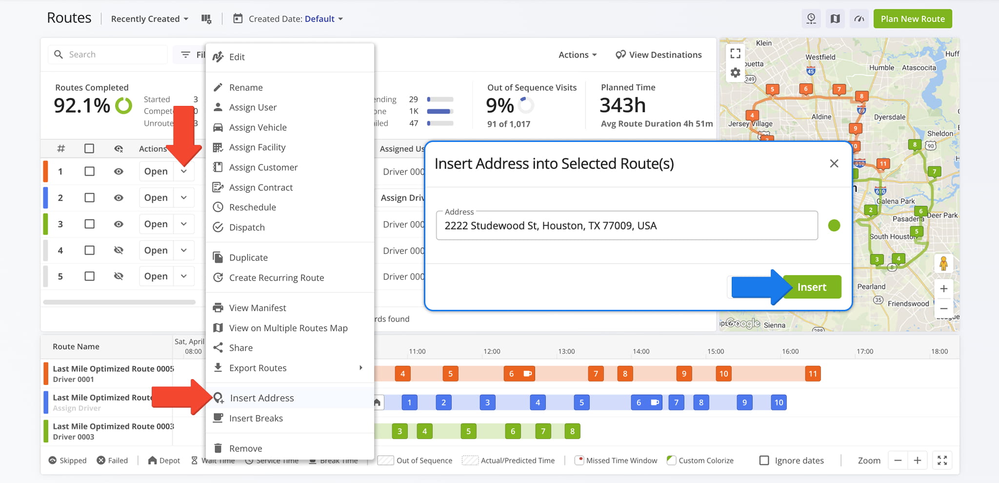 Insert addresses into a route even after the route has been planned.