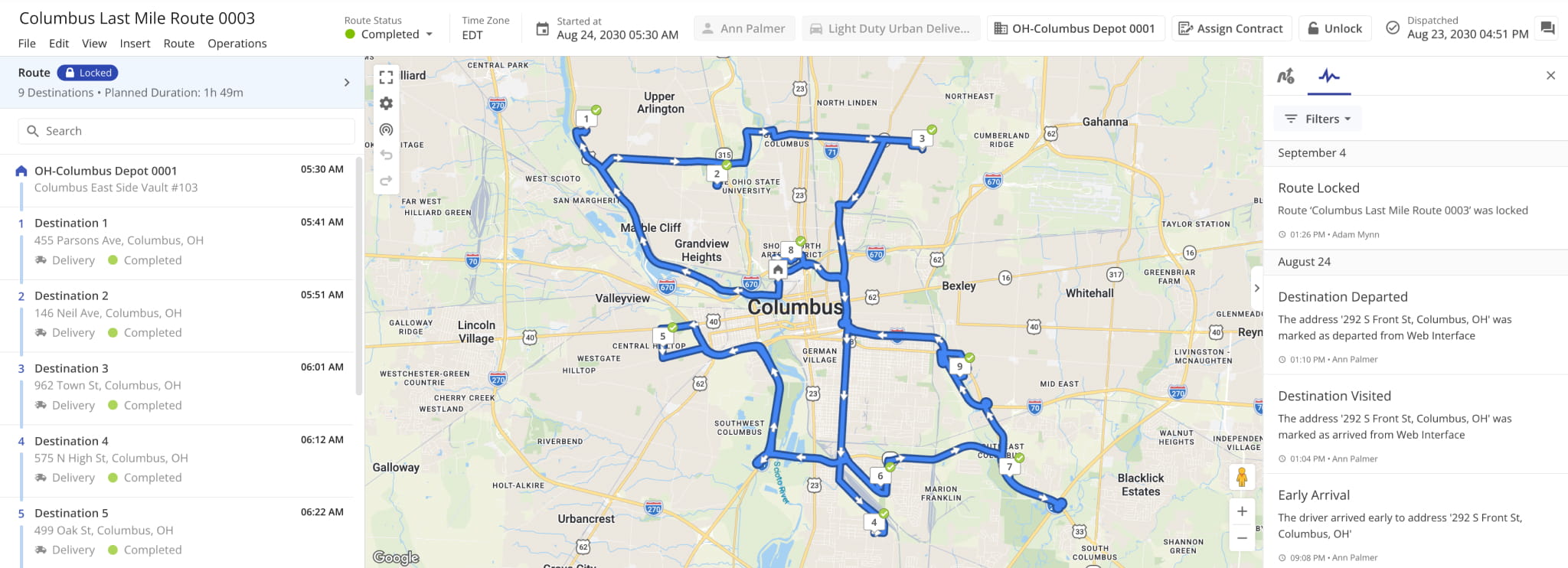 Open and manage individual planned and optimized last mile routes in Route4Me