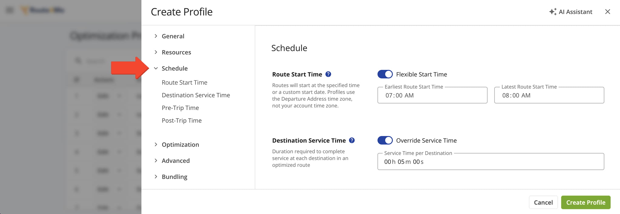 Adjust Optimization Profile schedule settings including route start time and destination service time.