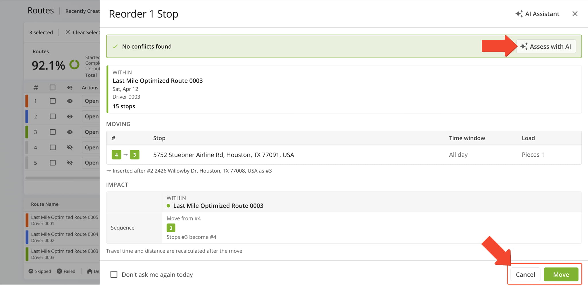 Confirm the change in destination sequencing before clicking the move button.