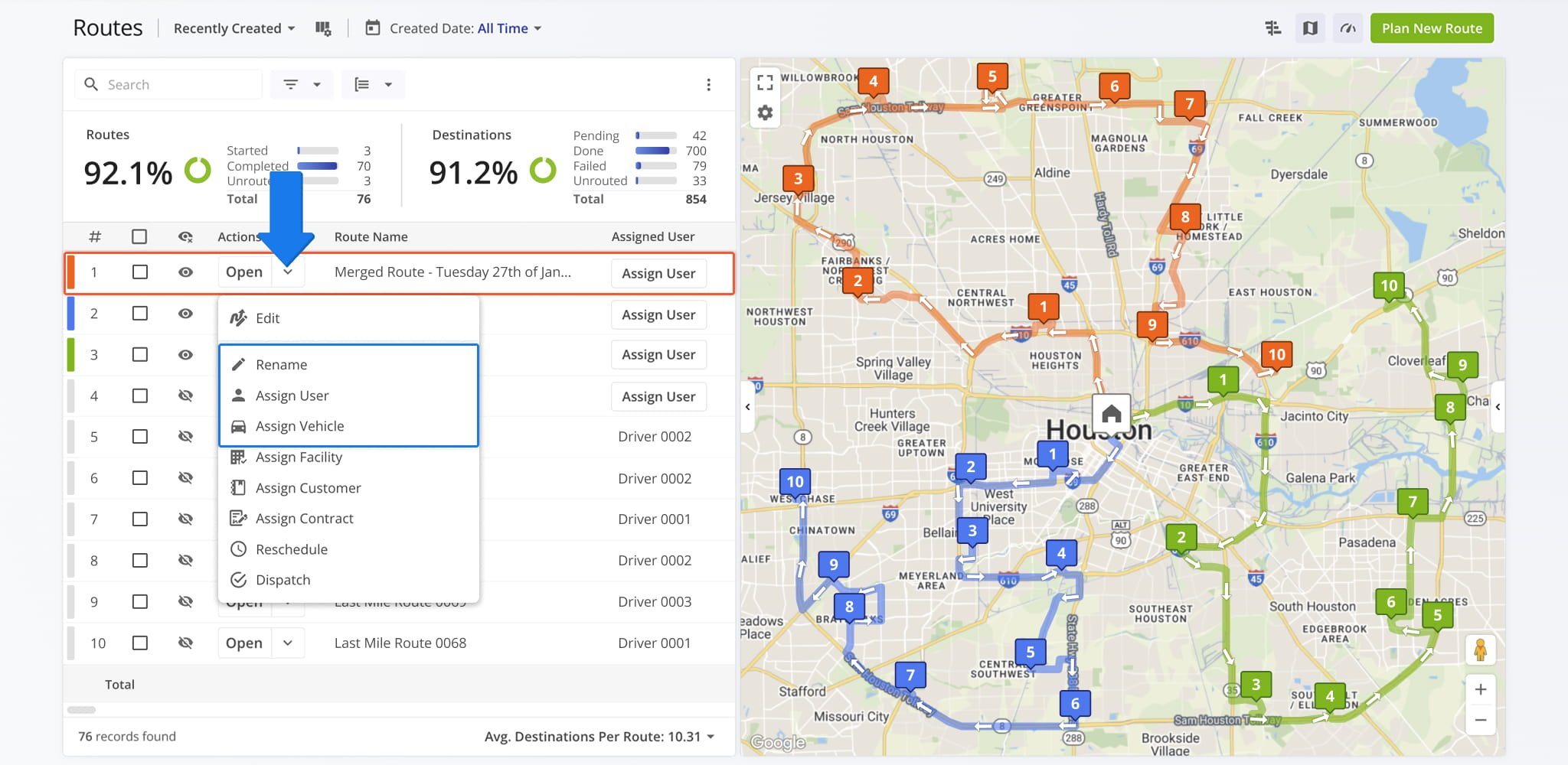 The merged route appears in your Routes List, where you can rename it or assign a different User and Vehicle.