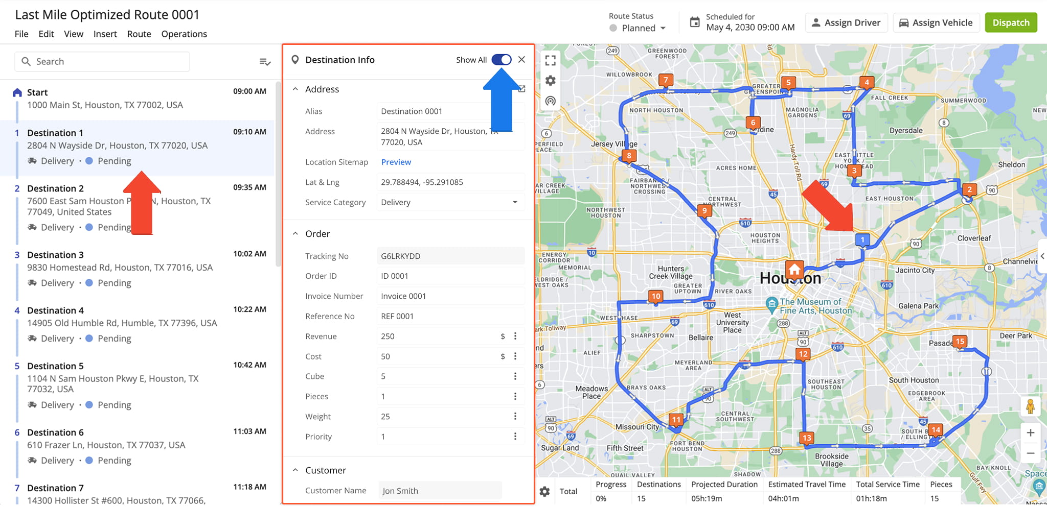 Opening and managing route stops, checking stop ETAs, editing customer details, order info, Custom Data, and adding notes in Route4Me