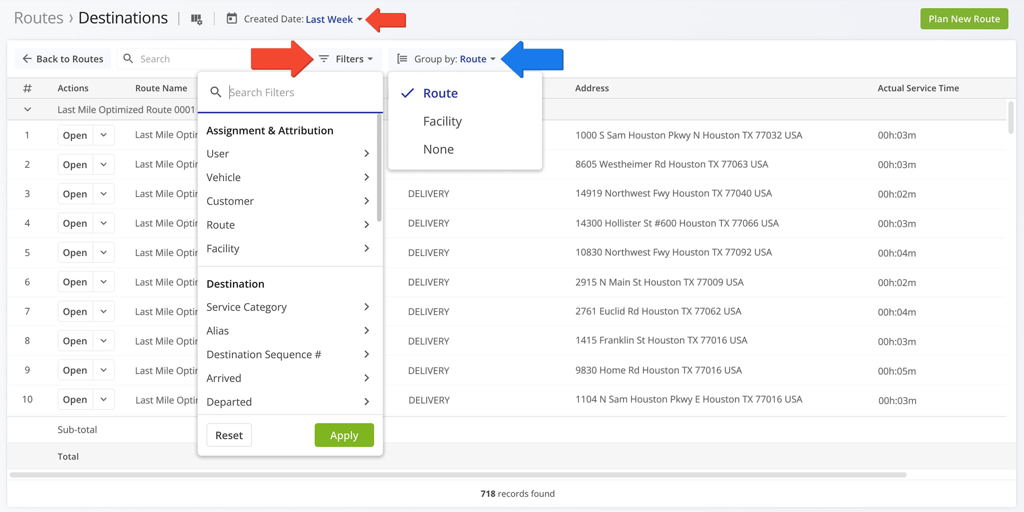You can filter and groups Destinations on the Routes List in the same way you filter and group routes.