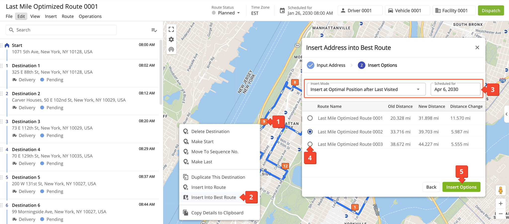 Click on a location marker on the map and qelect Insert into Best Route, then choose an insert mode and route date.