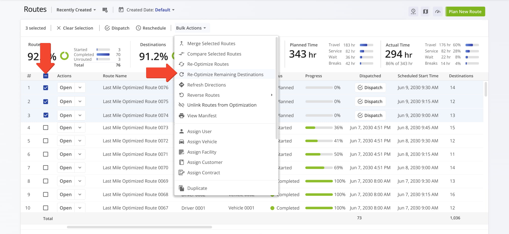 Re-optimizing remaining destinations enables you to updates all unvisited stops on active routes while leaving already visited stops in place.