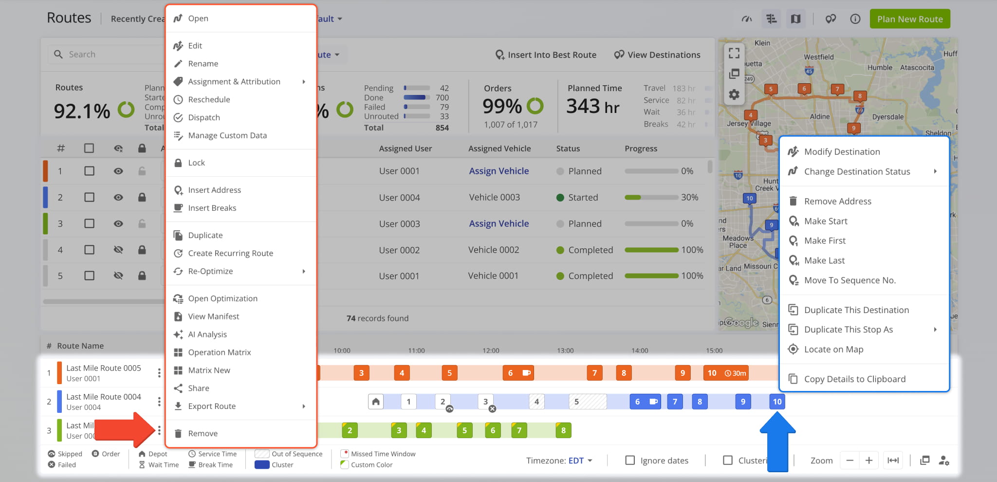 You can access Route Management and Destination Management actions directly from the Timeline by right-clicking routes and Destinations.