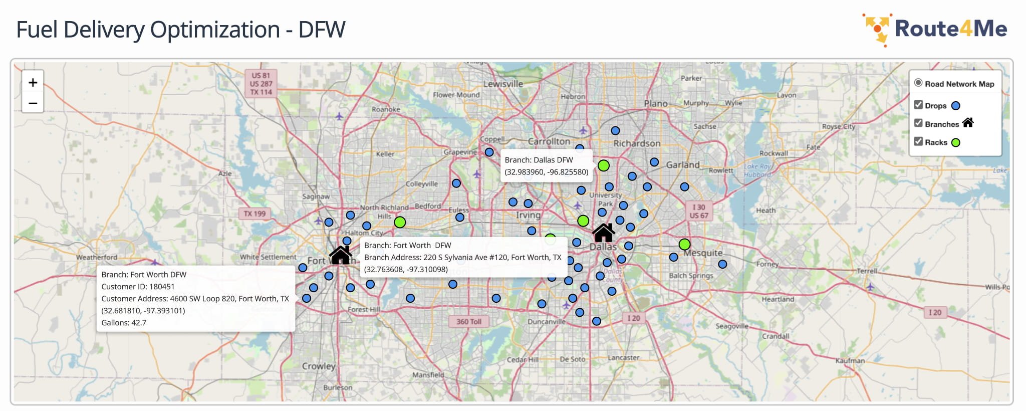 Interactive map showing the locations of company branches, fuel terminal racks available for vehicle refill, and customer location drops in a fuel delivery optimization.