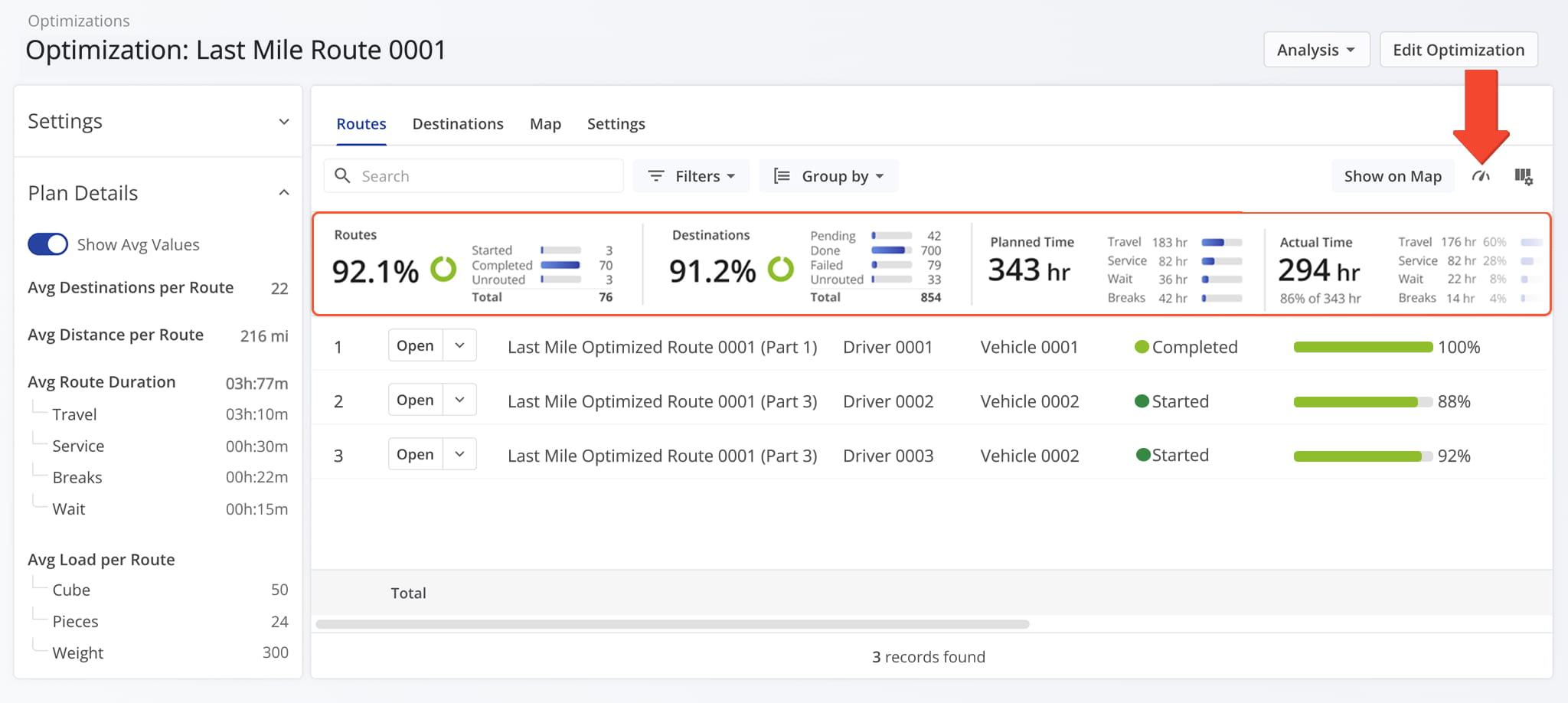 Open the Metrics panel to see planned versus actual route and destination times.