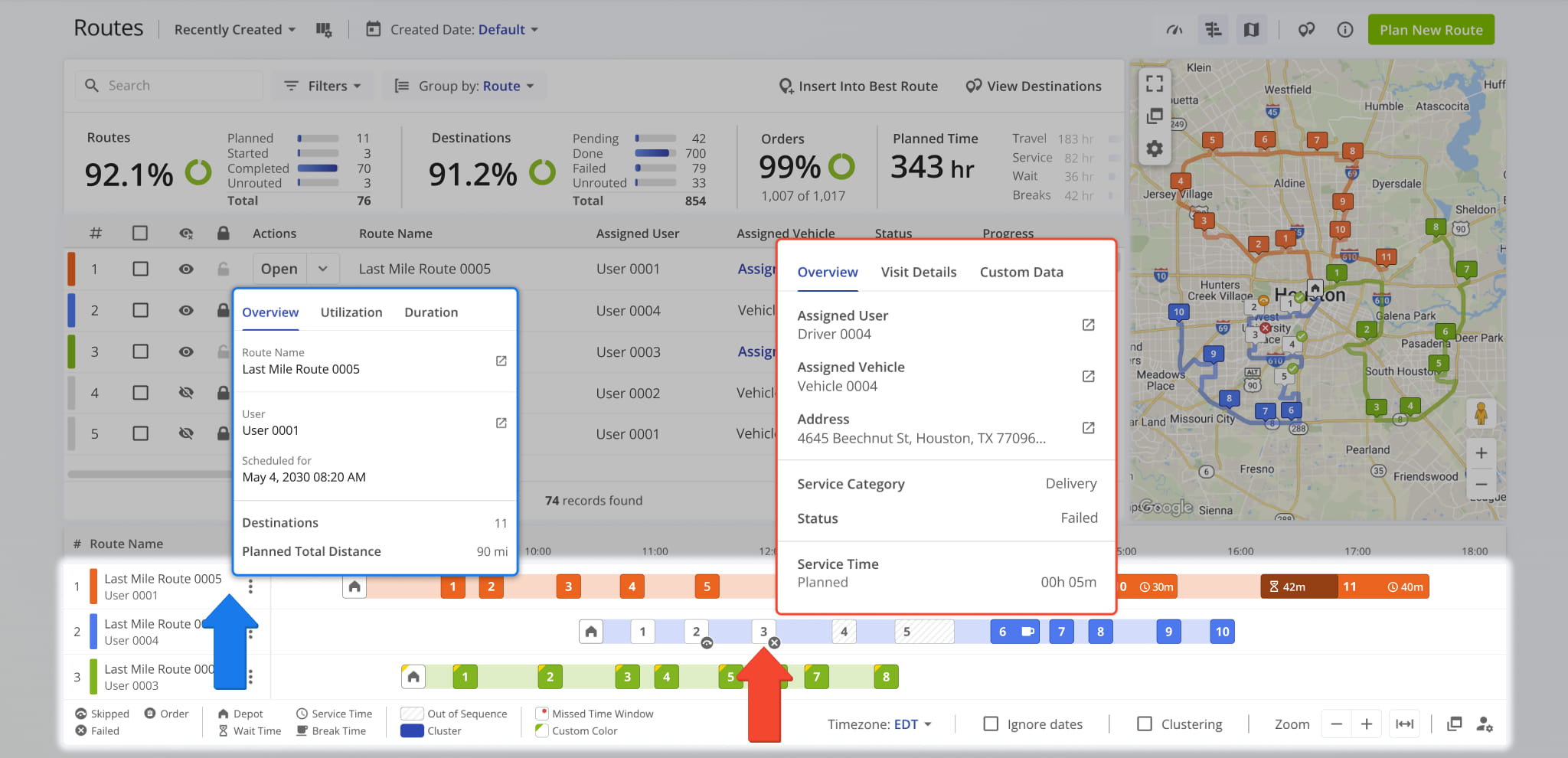 Hover over any route or Destination in the Timeline to view its key details.