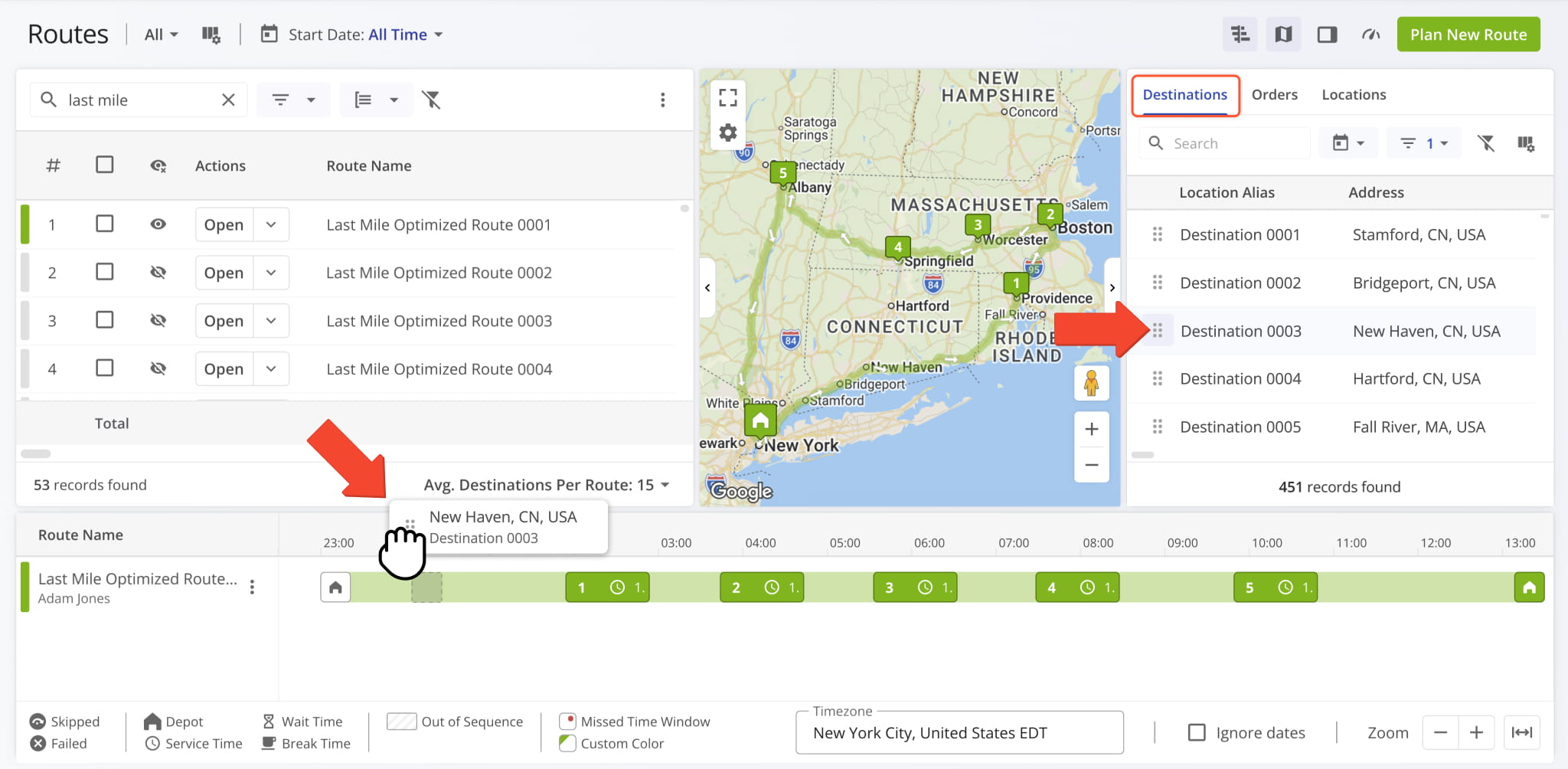Drag any Order or Location from the list onto a route in the timeline. Route4Me will automatically add a new destination in the corresponding sequence position, calculate travel directions, and re-optimize the route.