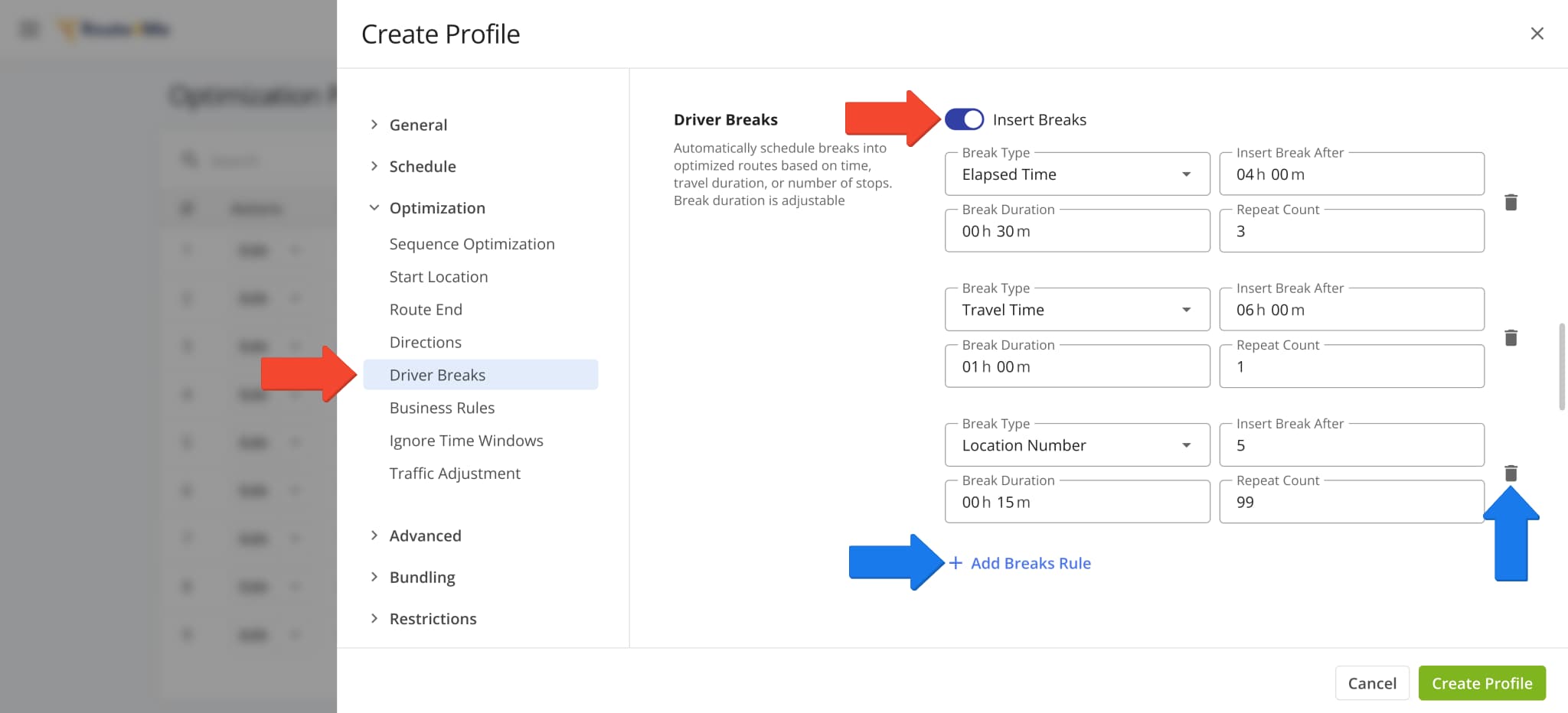 Adjust Driver Break settings in your account Optimization Profiles.