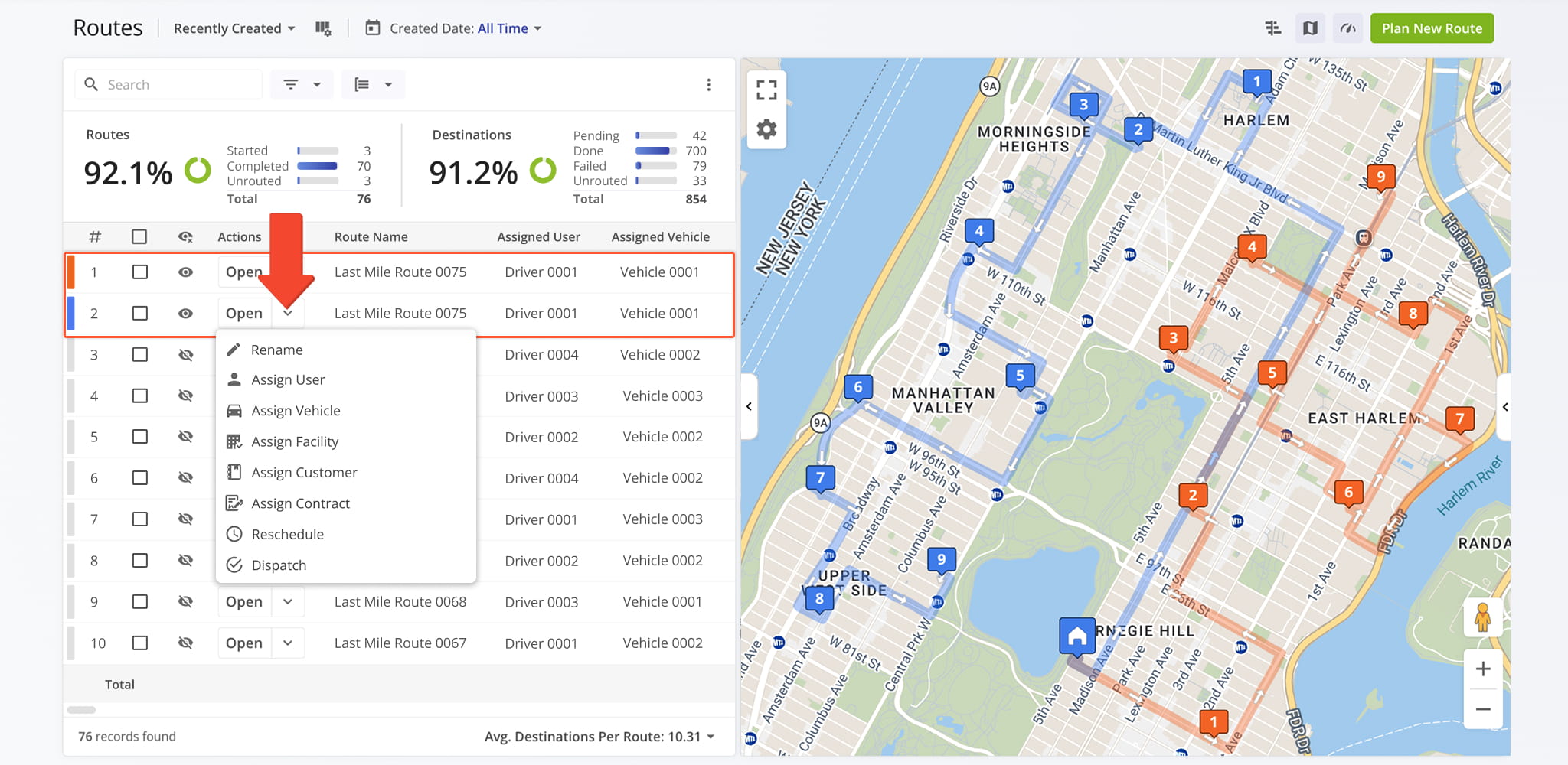 Route4Me moves the selected addresses to a new optimized route, retaining the start address, route name, and user.