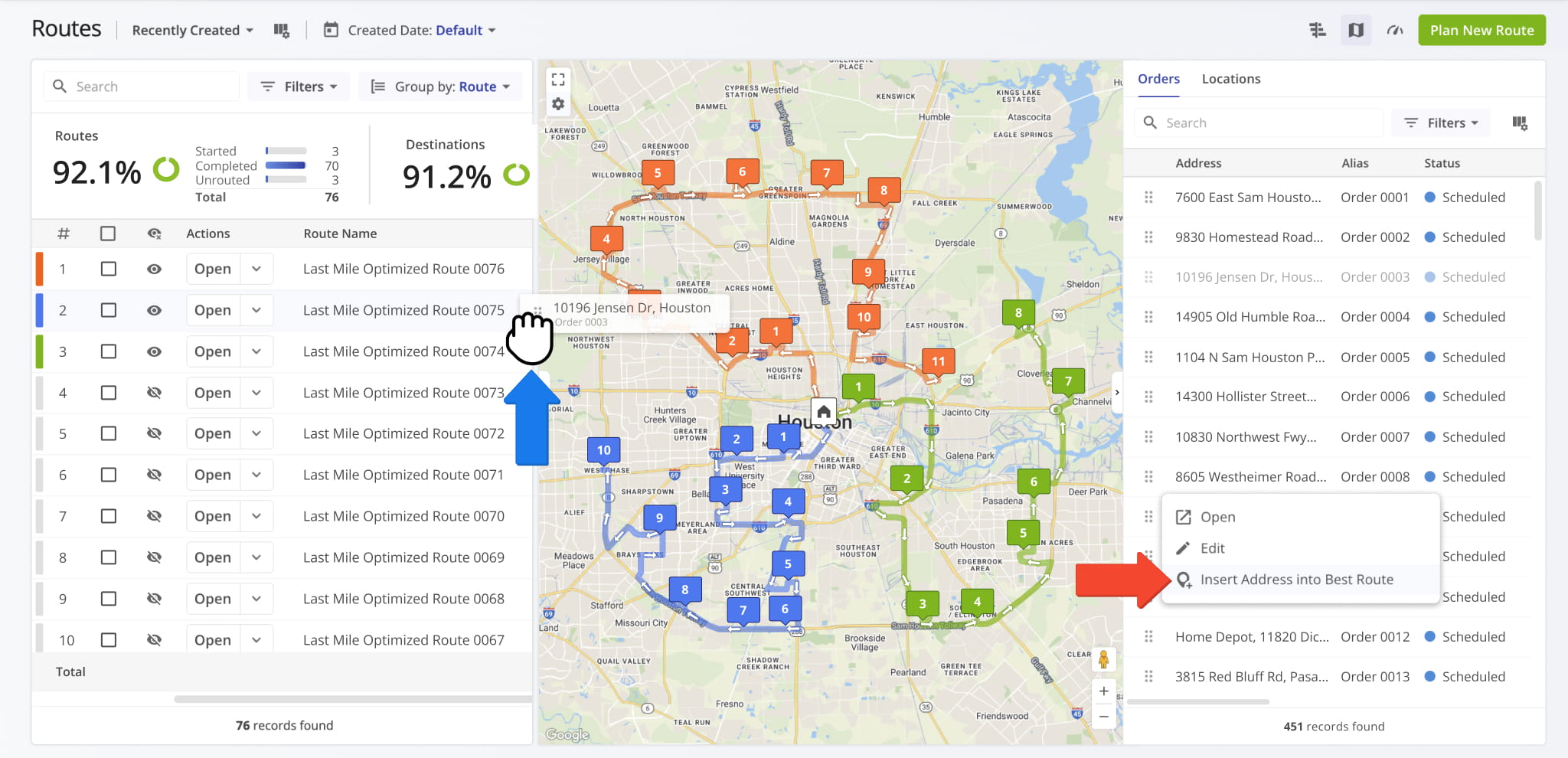 Save time by dragging and dropping orders and locations into already planned routes.