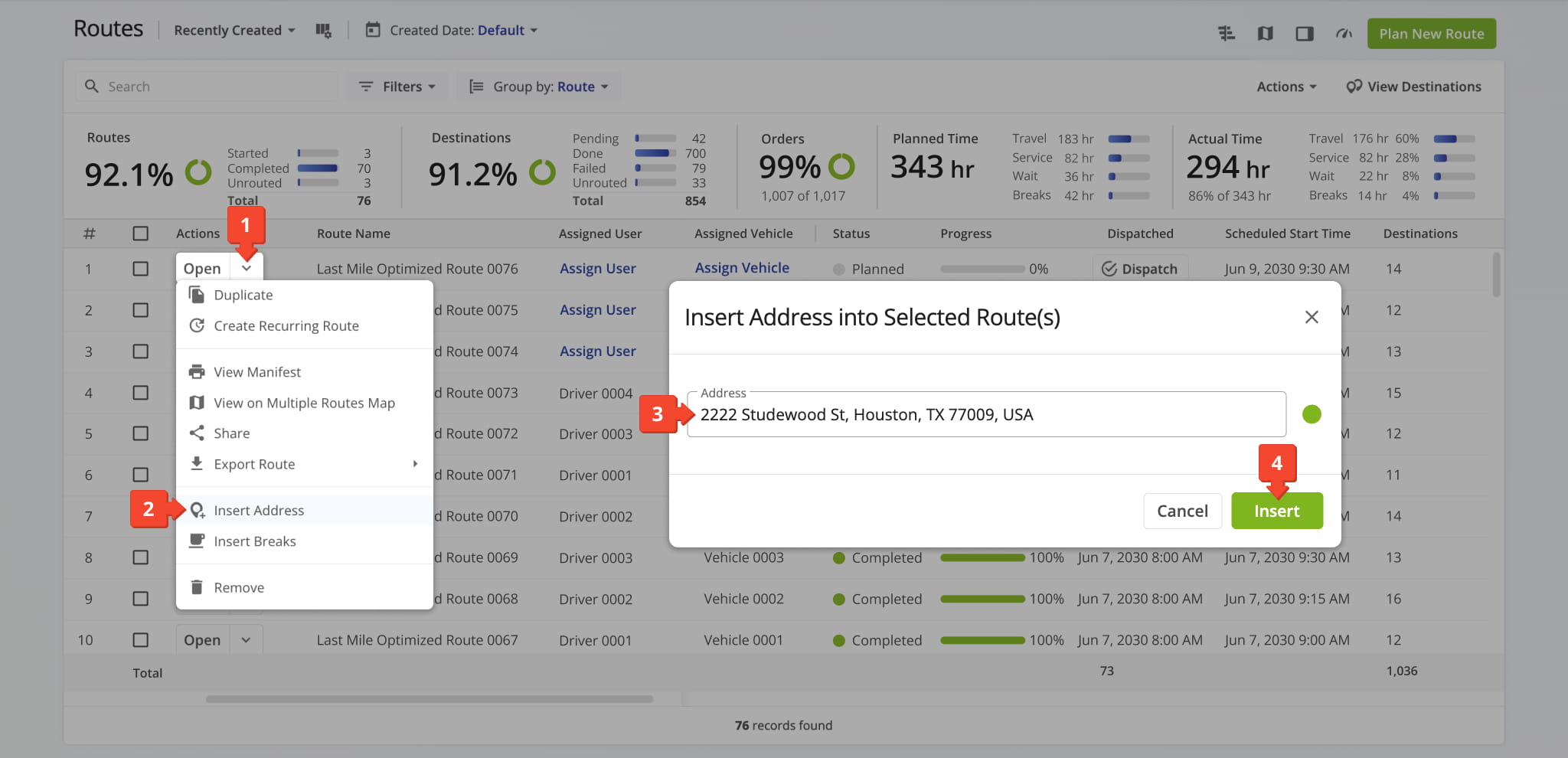 To add a stop into a planned route from the Routes List, you open the action menu and select