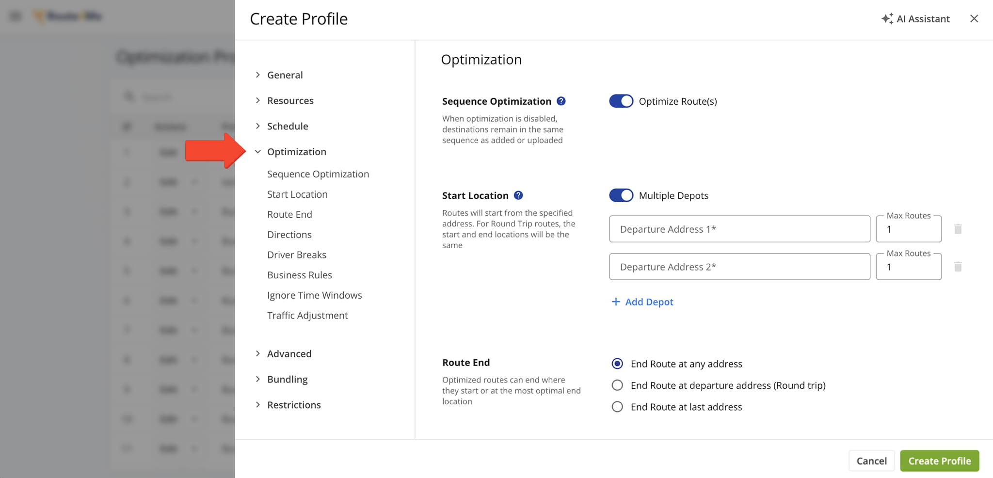 Add route optimization profile settings, route end option, stops distribution, business rules and optimization constraints, etc.