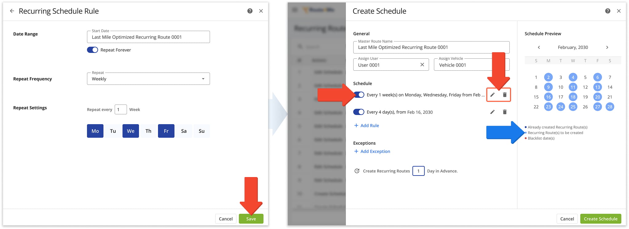 Create a schedule by defining date range, frequency, and repeat rules.