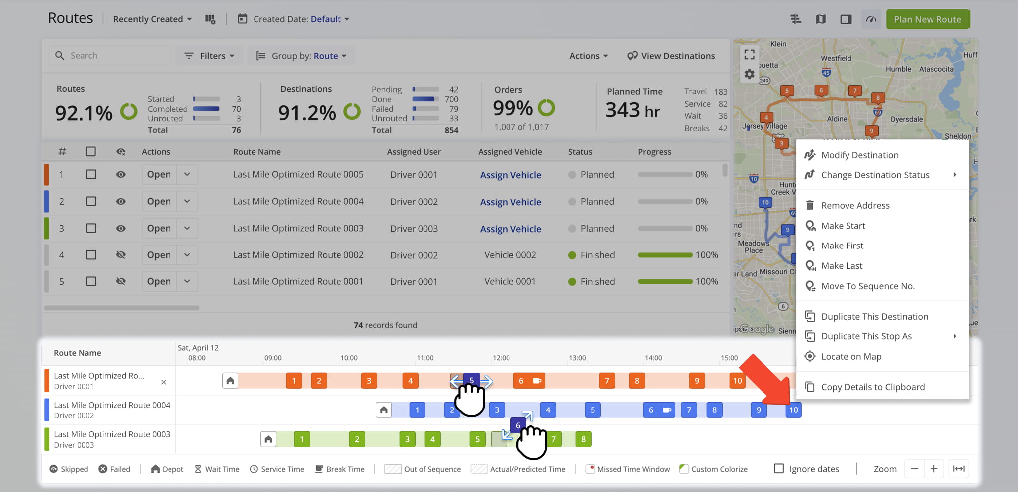 From the Route Timeline, you can update destination statuses, change their sequence position, and duplicate stops.