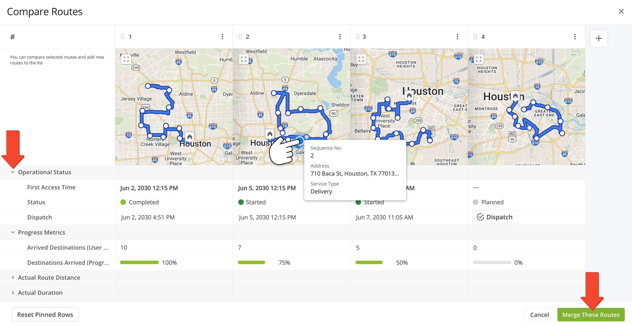 View multiple routes side by side to compare schedules, travel times, distancse, and real-time progress for each route in one view.