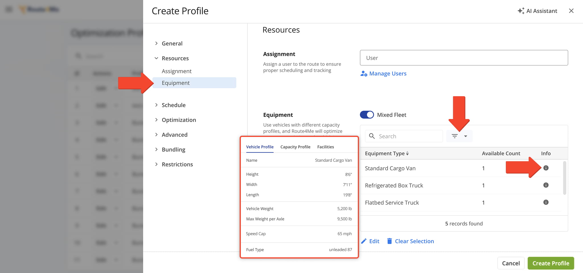 Equipment Types selected for mixed fleet routing will appear in a searchable, filterable list.