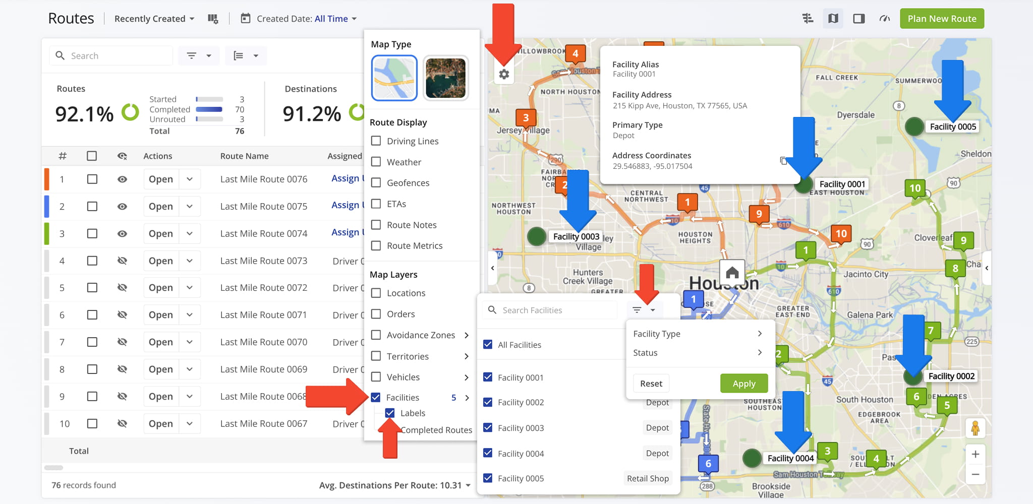 The Facilities layer displays depot locations with copyable address coordinates for logistics planning.