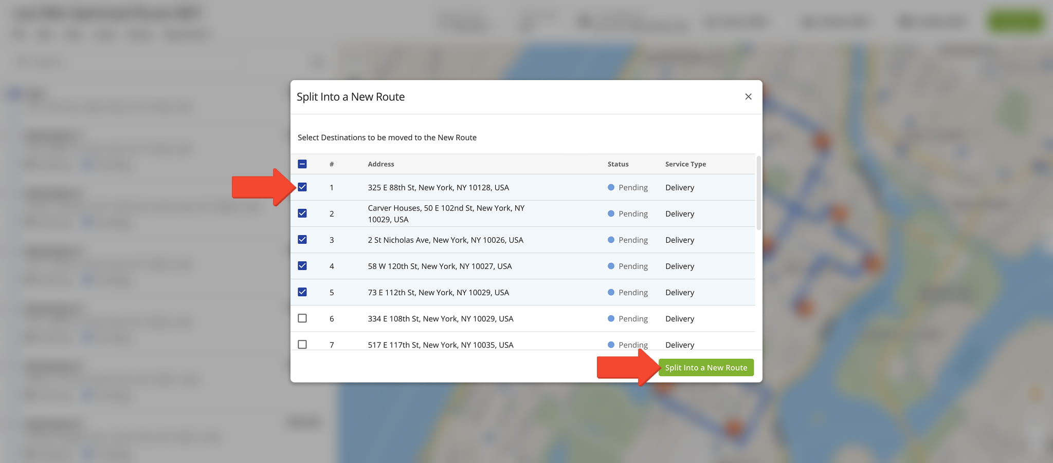 From the Routes List, select the route you want to split.