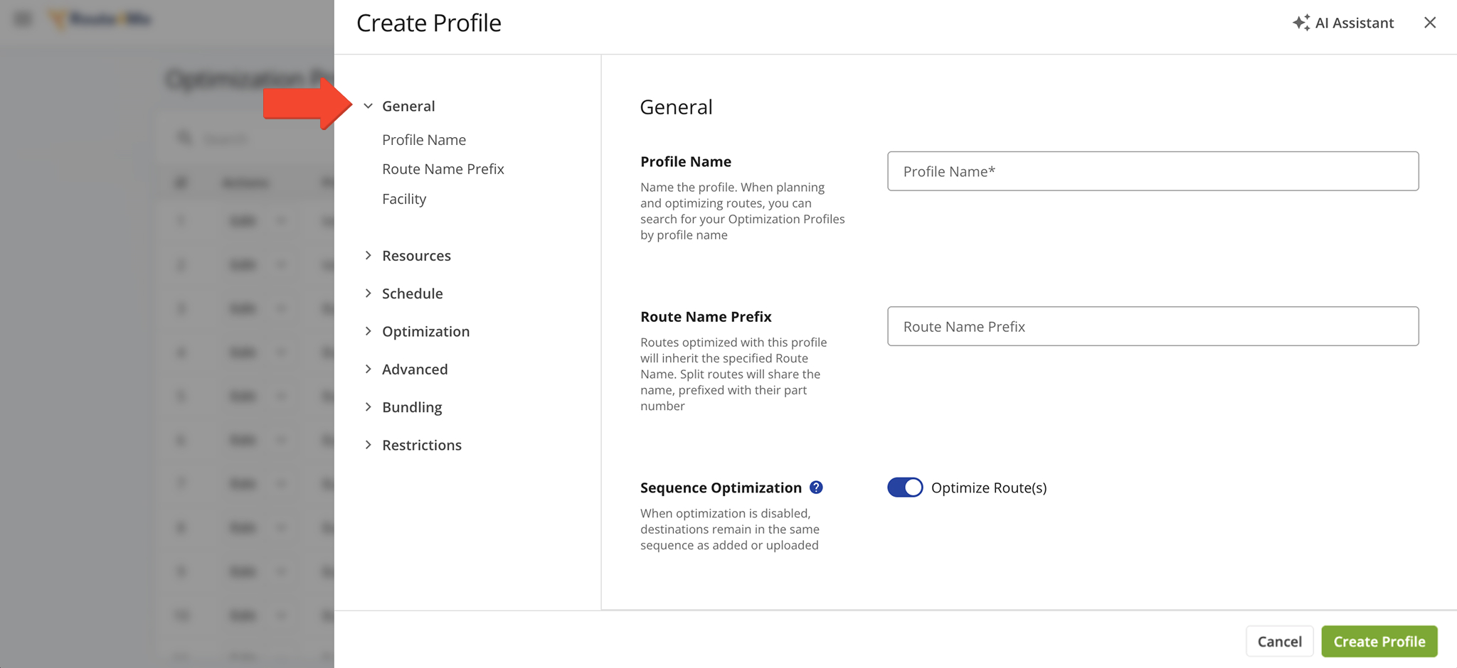 From the General Settings tab, you can assign a profile name, route name prefix, and facility to the Optimization Profile.