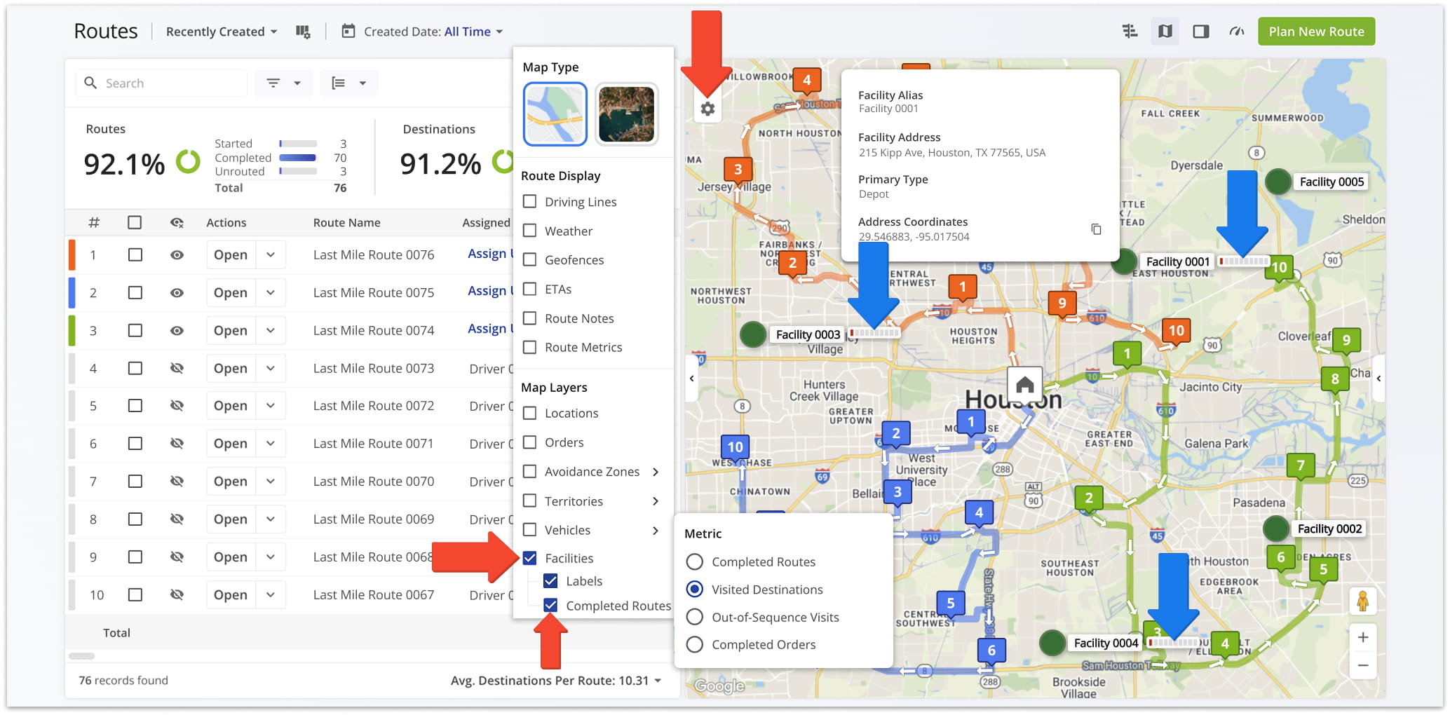 When the Completed Routes checkbox is enabled, routes are displayed on the map according to their completion status.