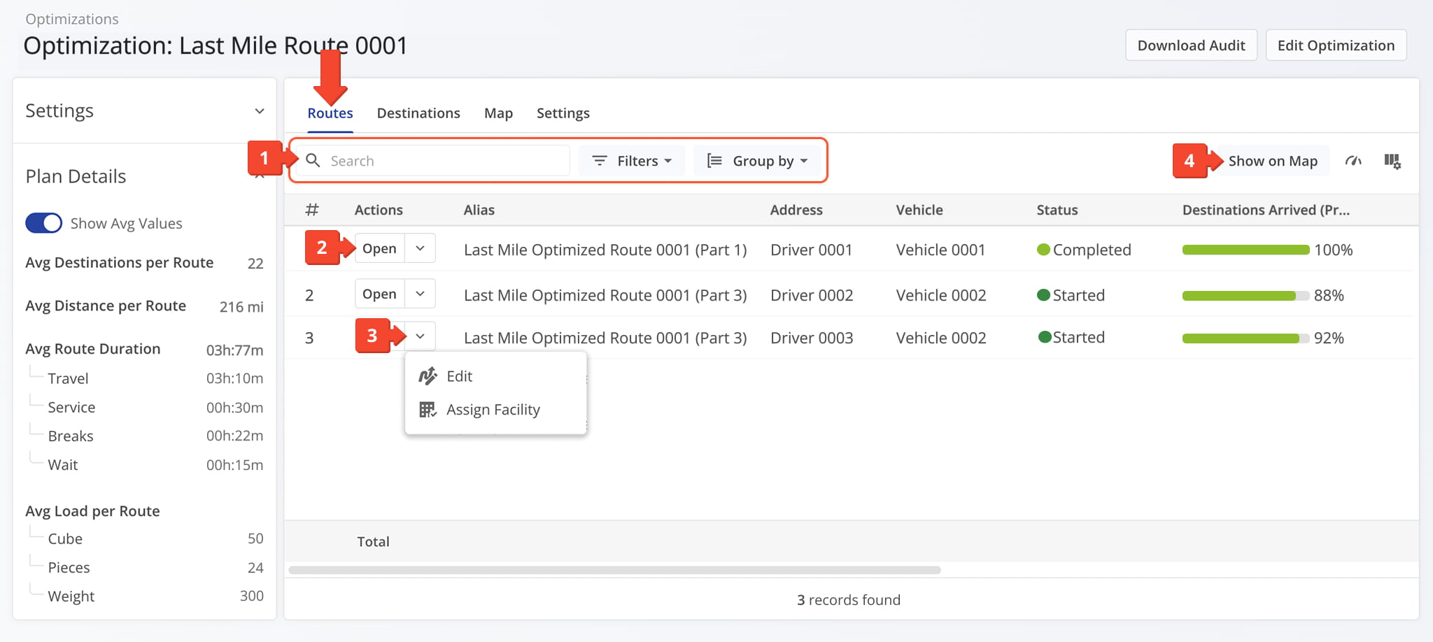 The Routes tab lists all routes for the selected Optimization, allowing you to search, group, or filter them.