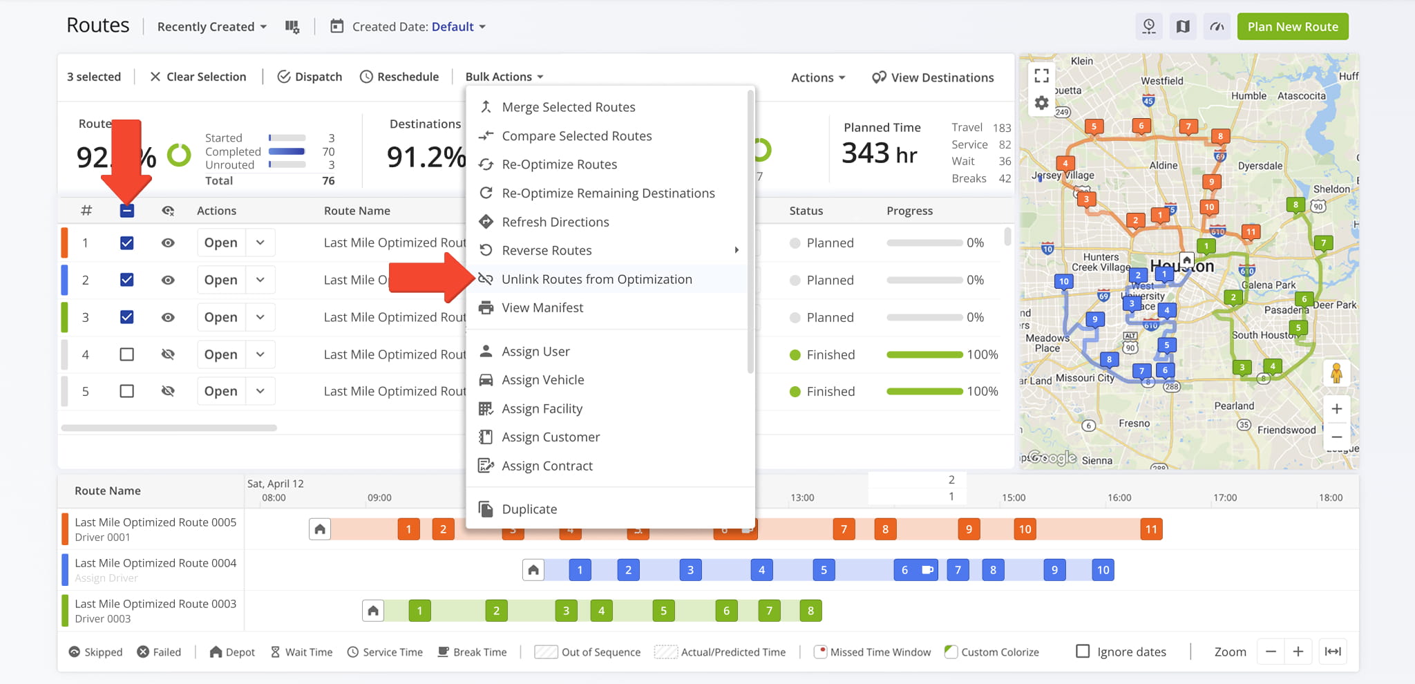 Unlinking a route from its optimization profile removes restrictions put in place during previous route settings.