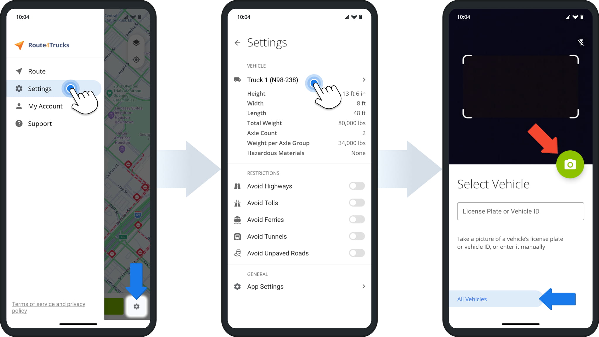 The Route4Trucks App Settings enable enterprise truck drivers to easily change the currently selected commercial vehicle.