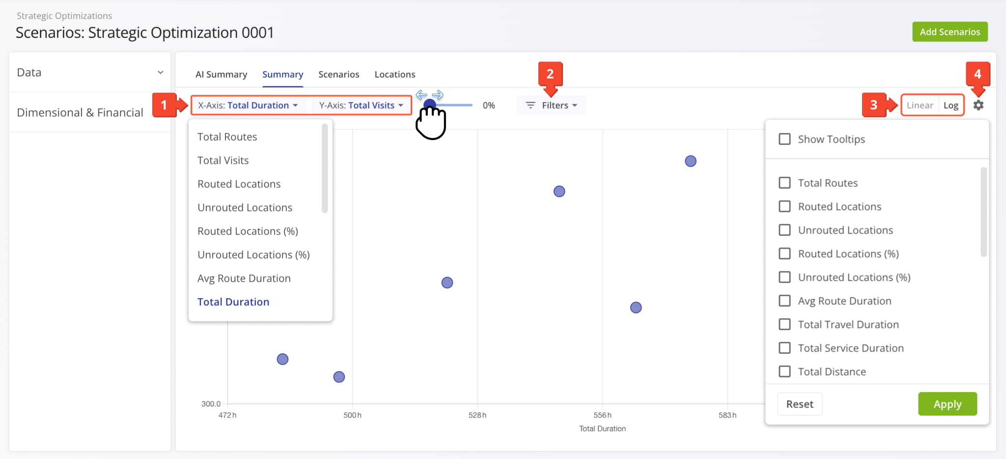 You can use the X-Axis and Y-Axis dropdown menus to customize the Strategic Optimization Summary.