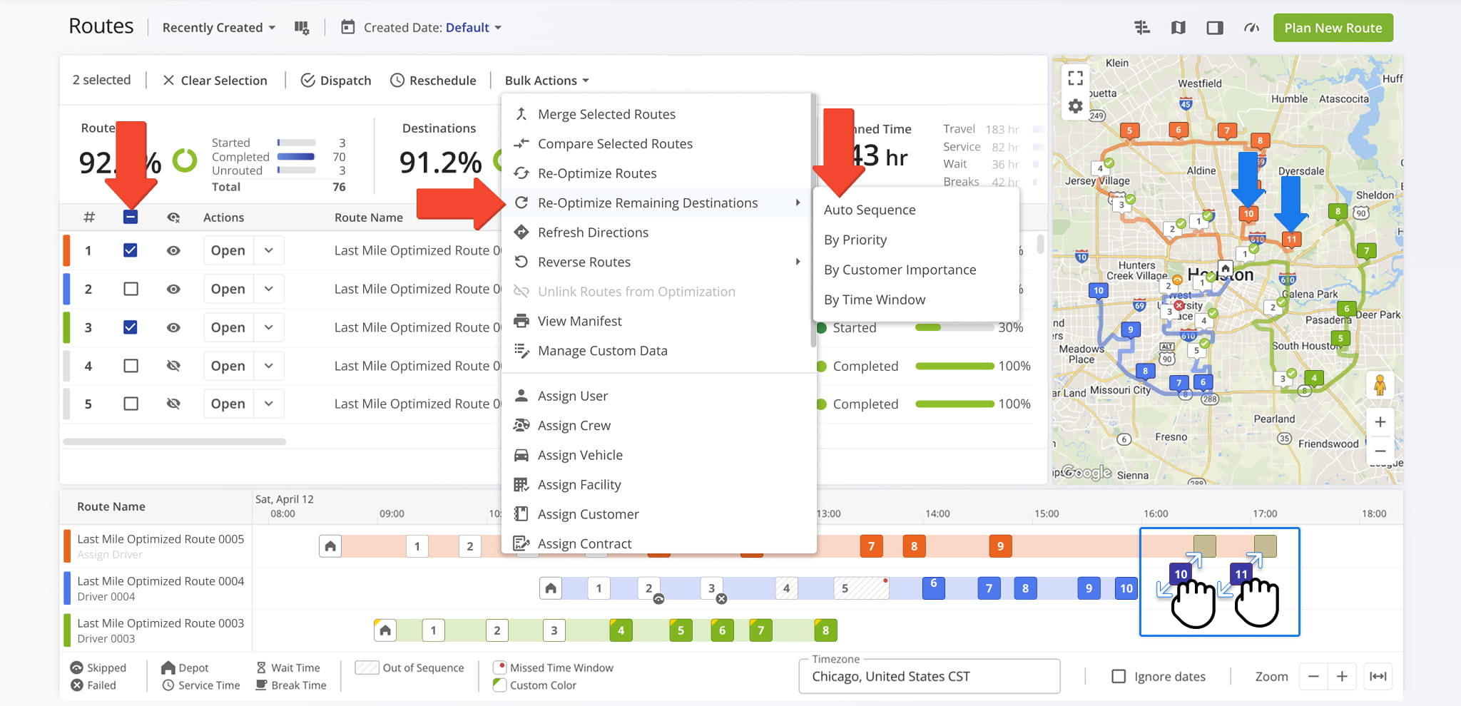 When moving stops between routes, re-optimize all affected routes to ensure the best overall sequence for each route.