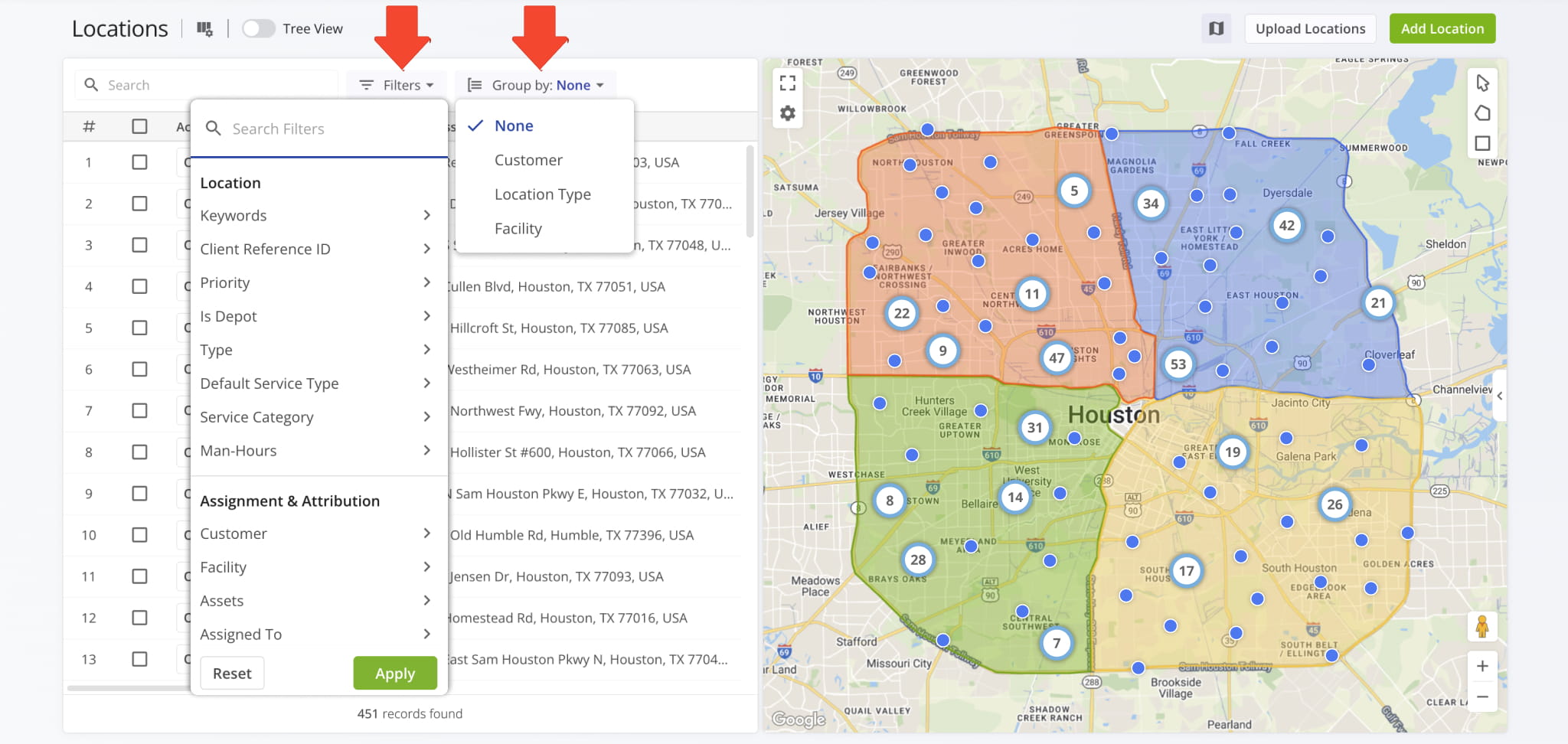 Filter and group locations on your account.