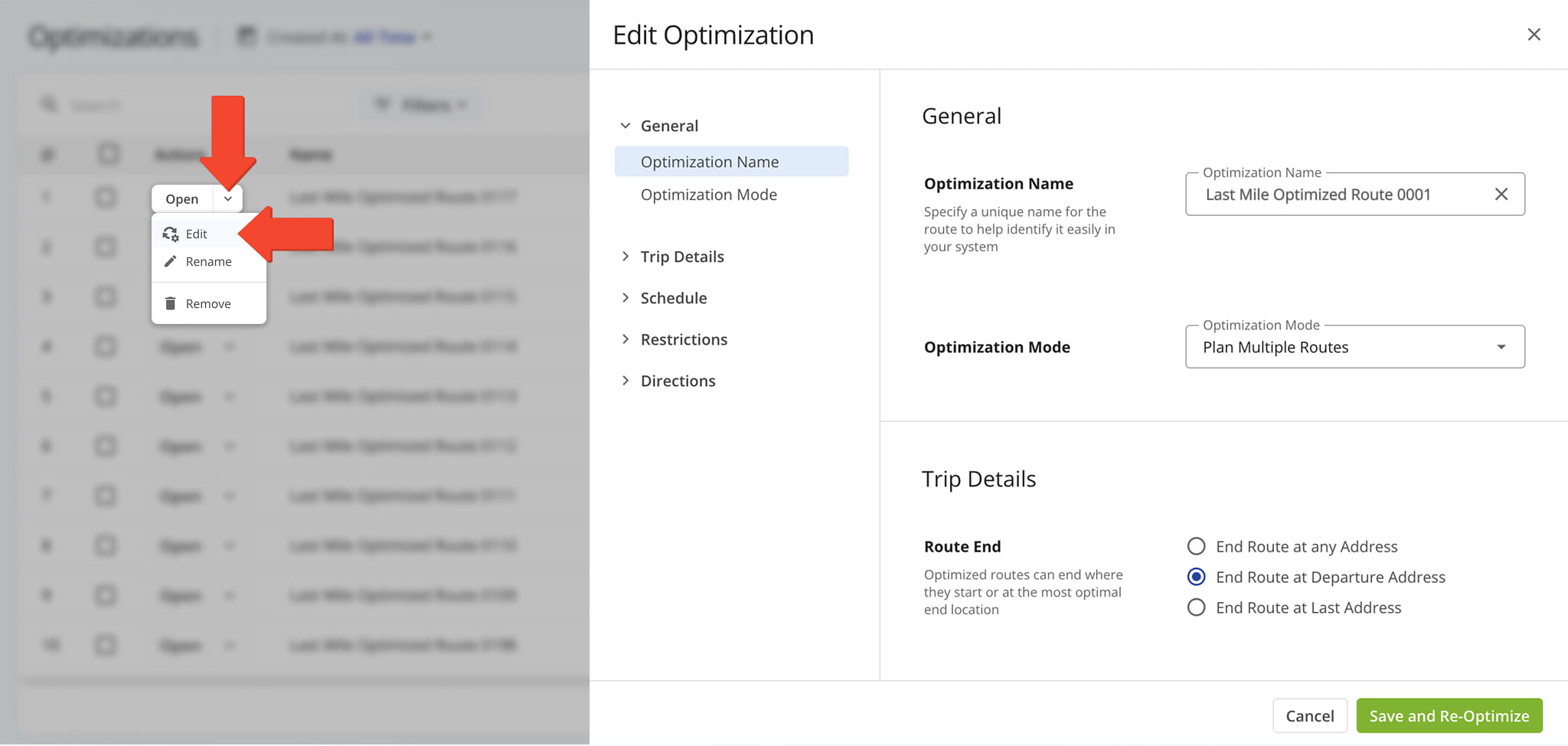 To rename or remove an optimization, simply click the Down Arrow next to it and select the respective option from the menu.