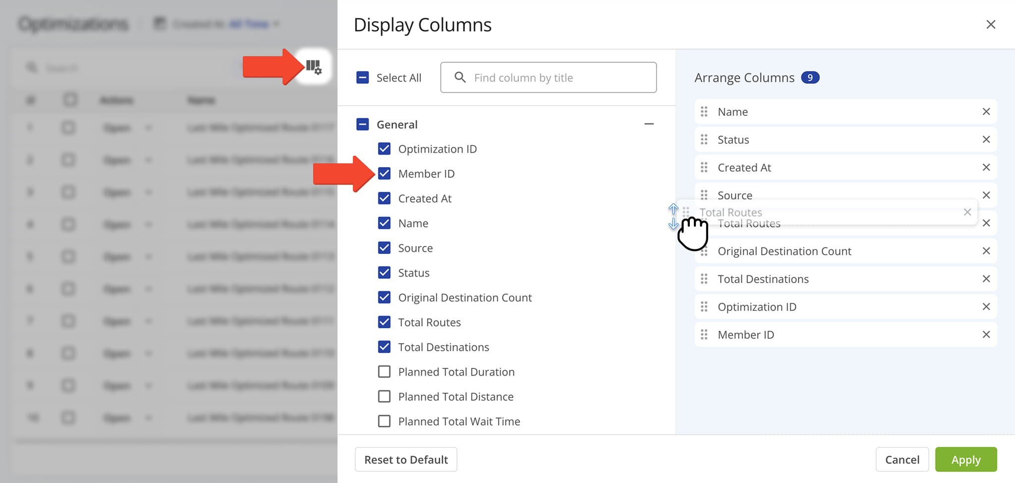 Customize your Optimizations Page by selecting the data you wish to see.