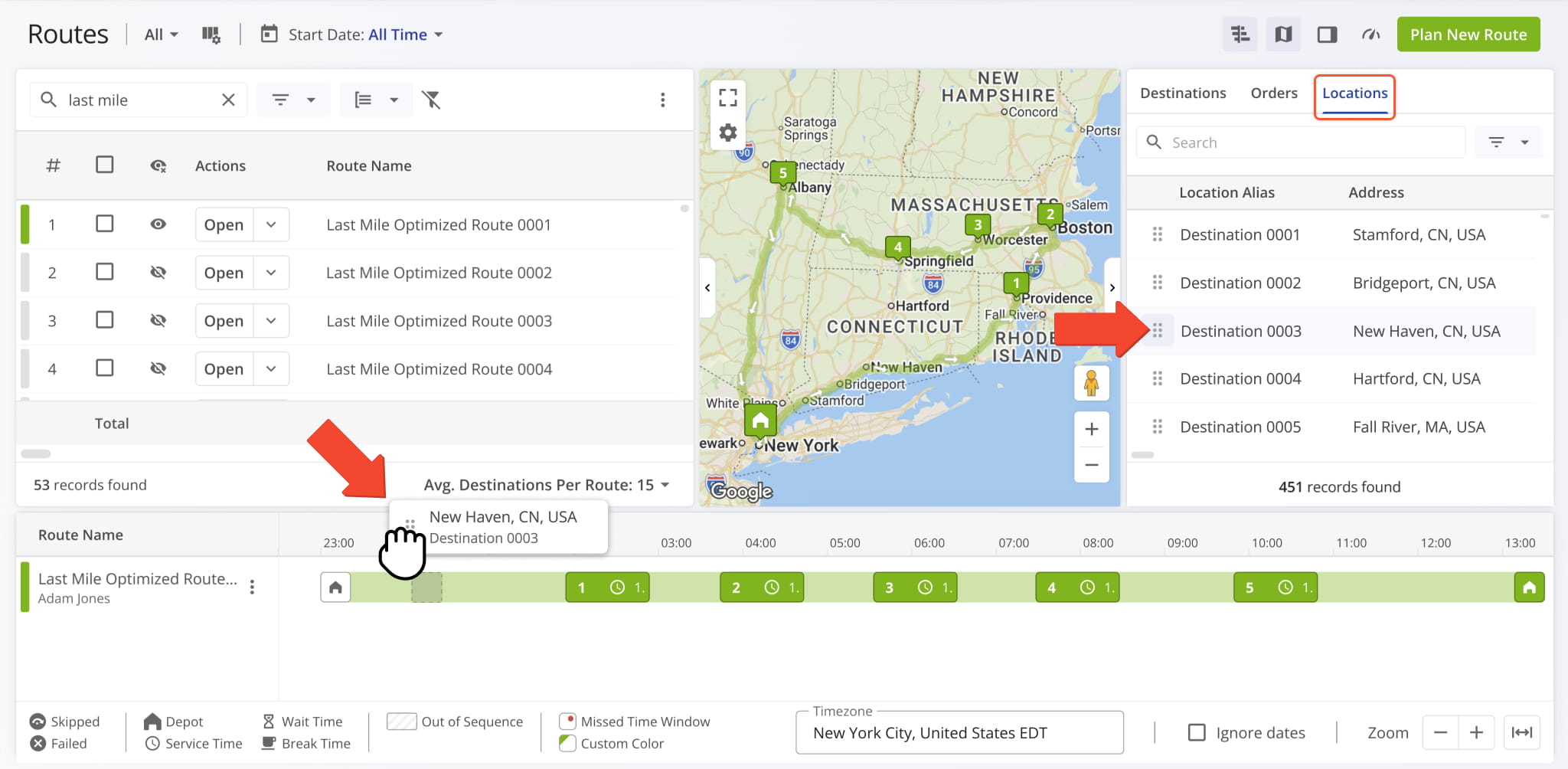 Drag any Order or Location from the list onto a route in the timeline. Route4Me will automatically add a new destination in the corresponding sequence position, calculate travel directions, and re-optimize the route.