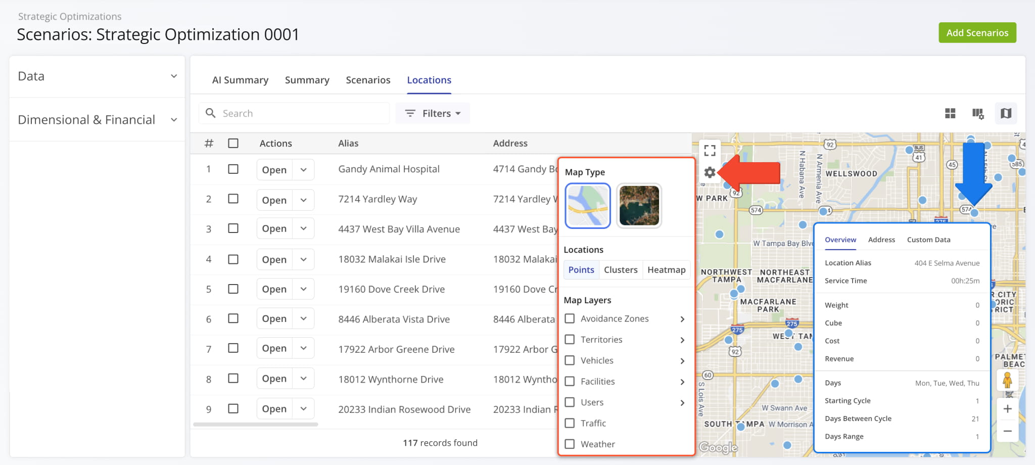 On the Locations Map, you can hover over a Location to view its address and scheduling details in the Strategic Optimization. You can also adjust map settings.