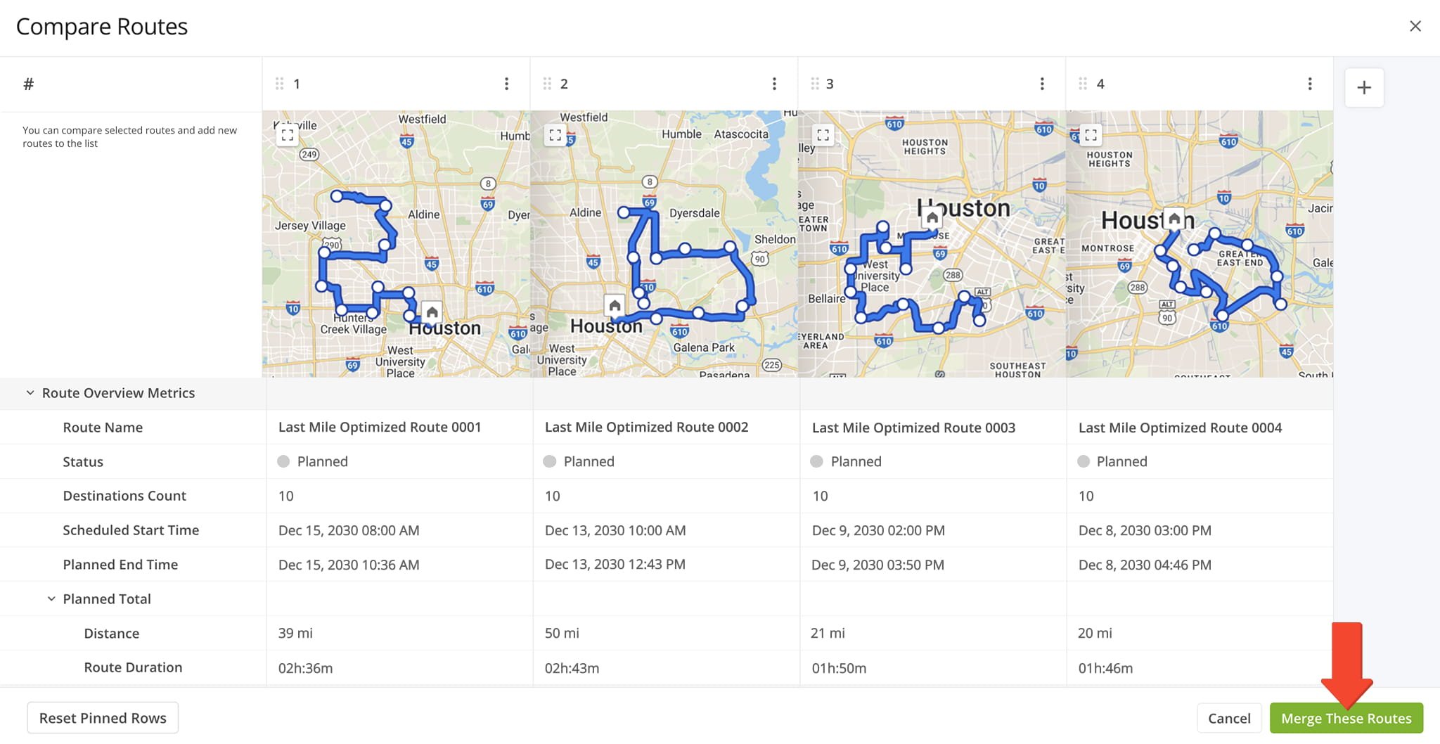 Route4Me enables you to compare multiple routes side by side, including maps, directions, schedules, travel time, distance, and vehicle usage.