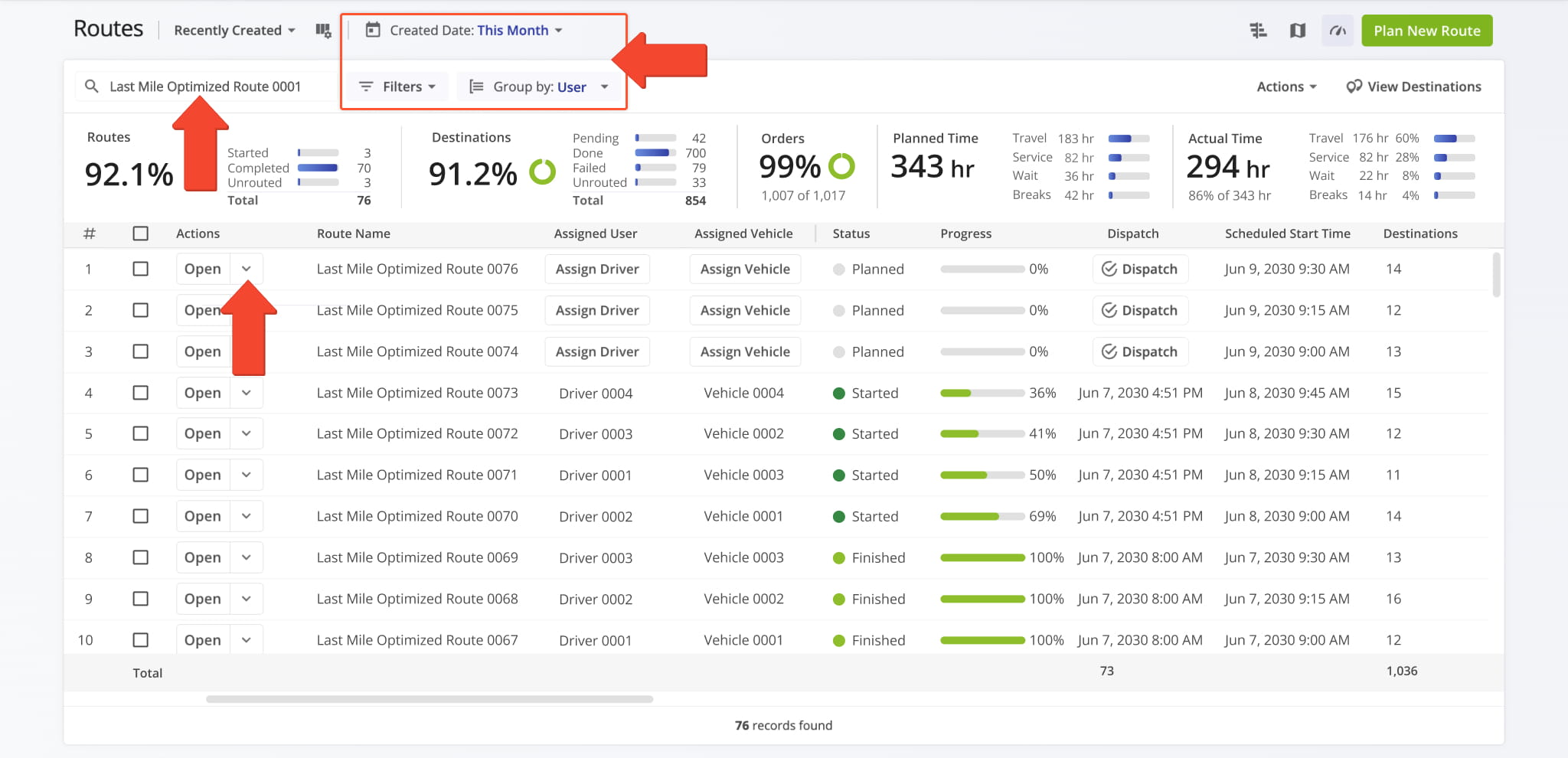 From your Routes List, view all Recurring Routes or search by Master Route name to find a specific one.