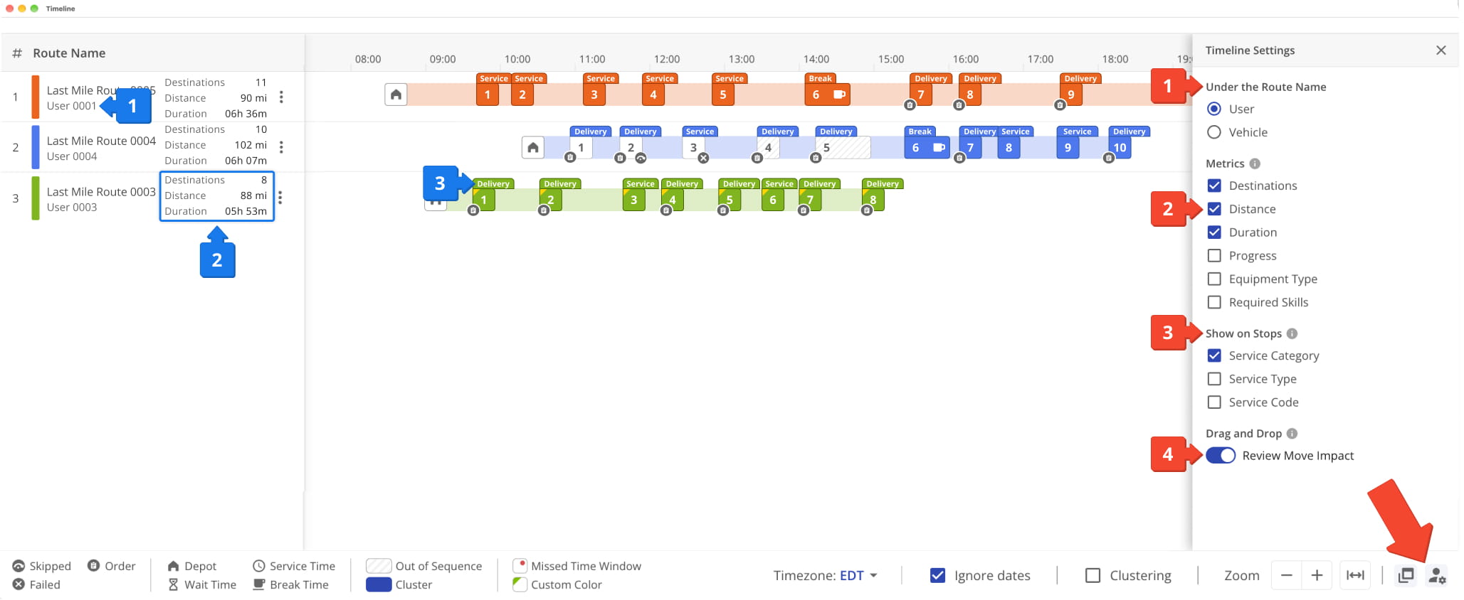 You can customize the displayed route data values and functionality of the Routes Timeline in the Timeline Settings panel.