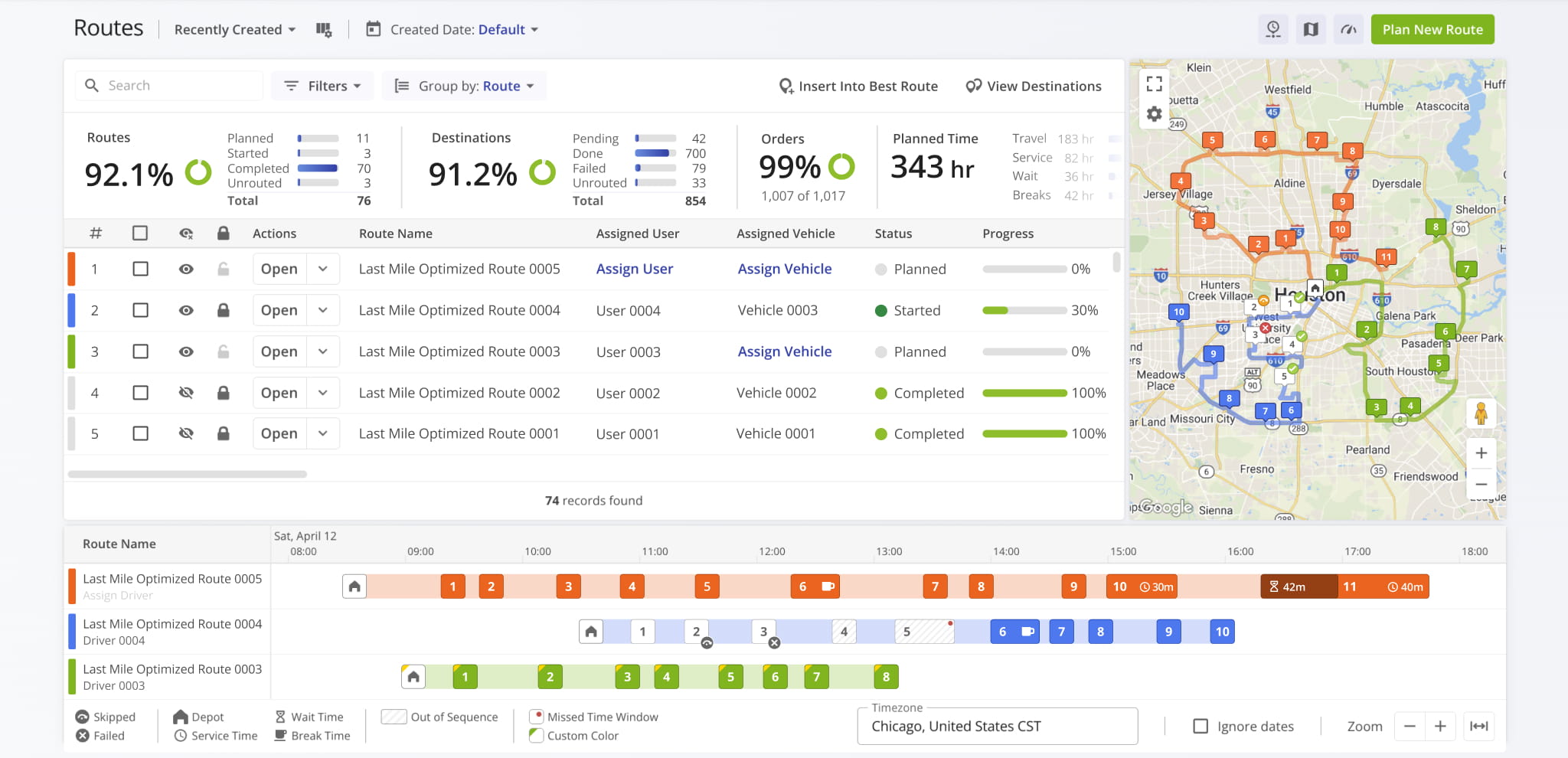 Route4Me Routes Page with planned routes in different stages of completion showing a Routes Map and Routes Timeline with Destinations that have multiple different statuses.