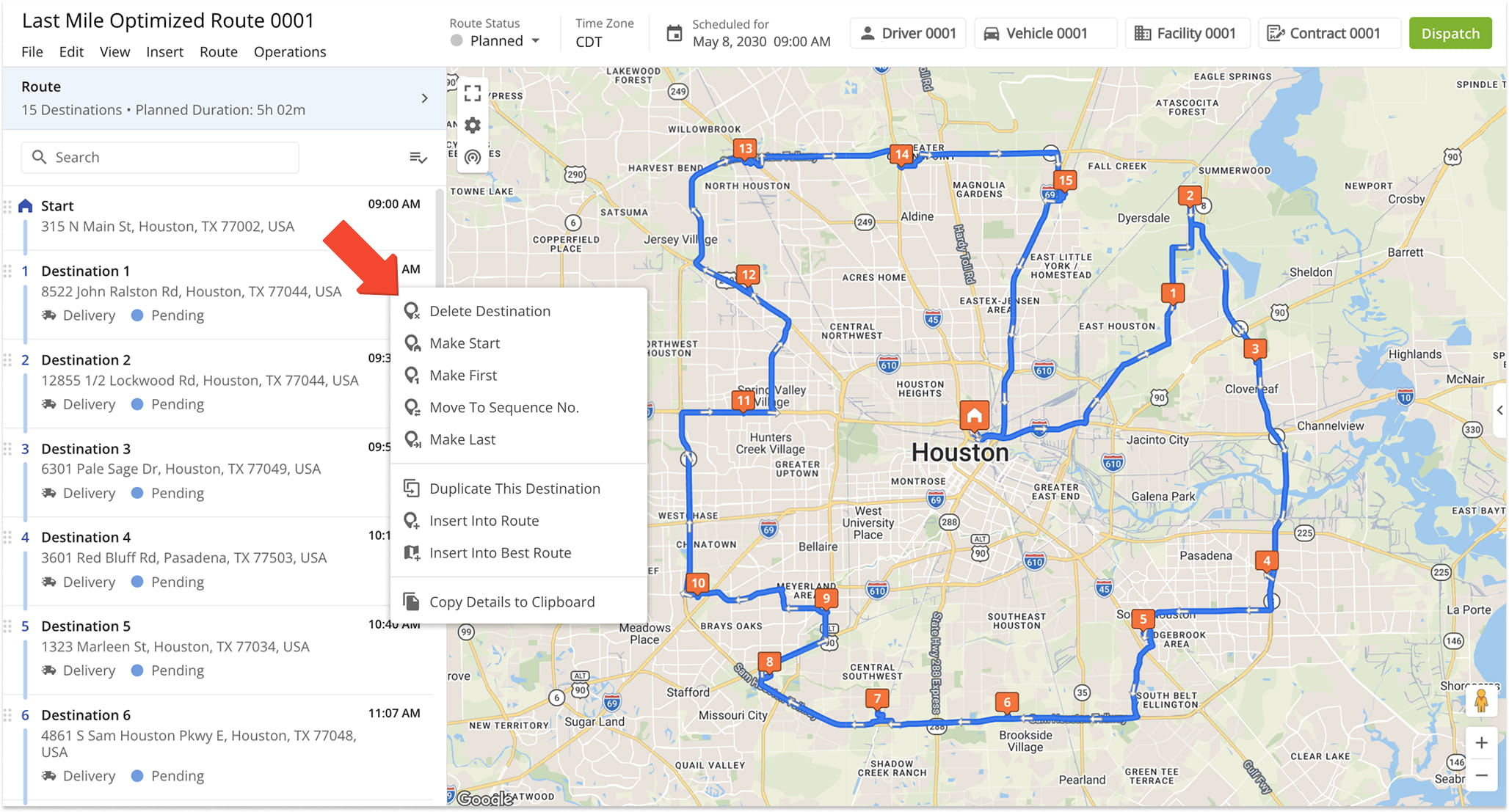 In the Route Editor, you can move Destinations in the route sequence, copy Destinations, delete Destinations, and more.
