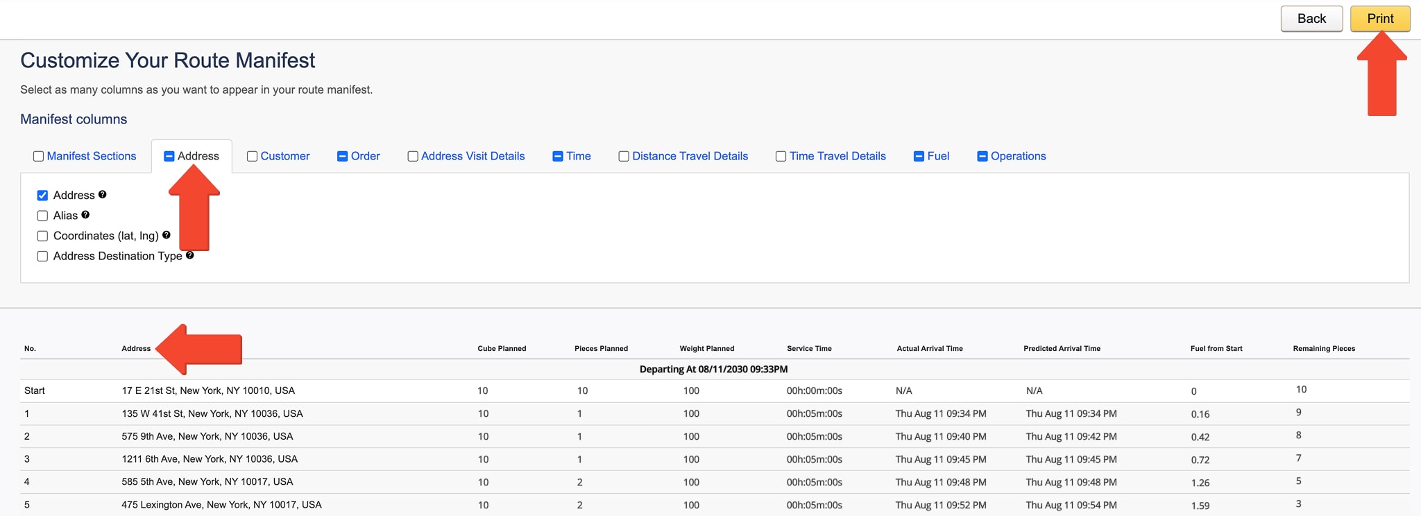 The Route Manifest provides a comprehensive overview of key route details and KPIs.