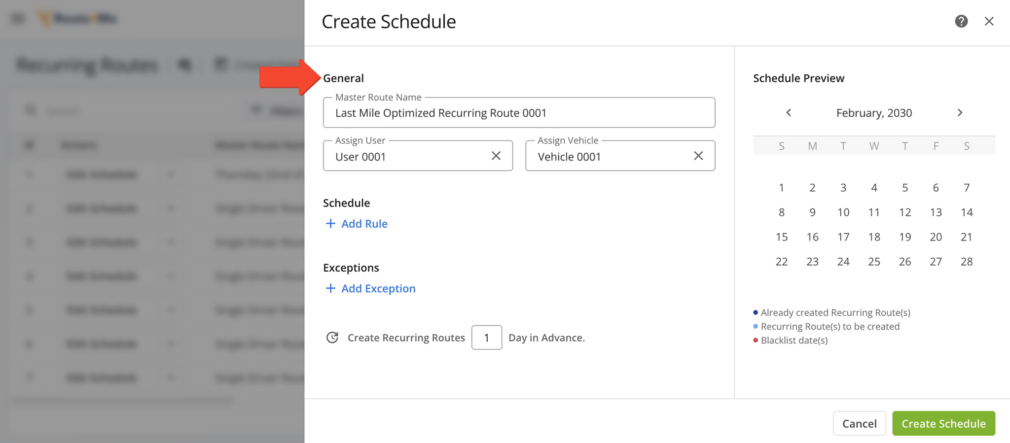 To create a recurring schedule, give your master route a name and assign a user and vehicle.