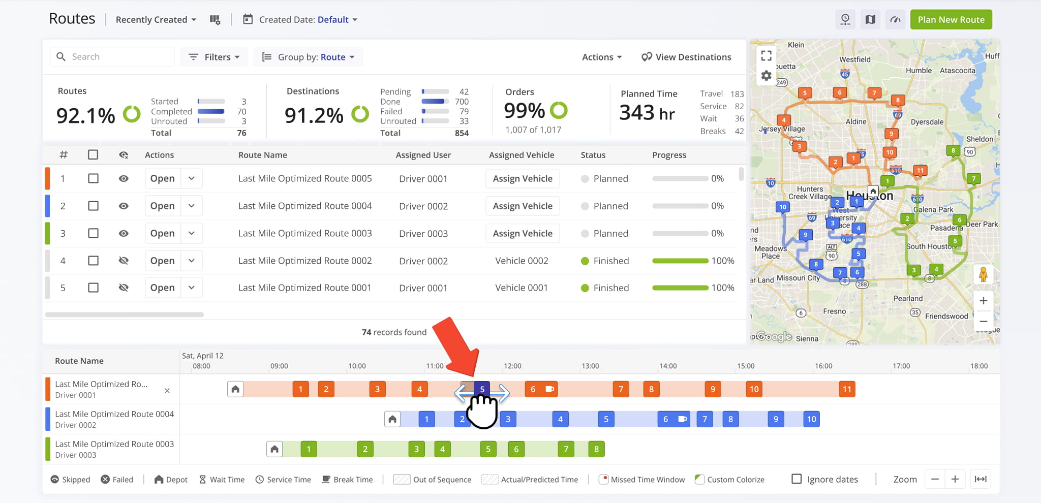 Move stops within a route to improve destination sequencing.