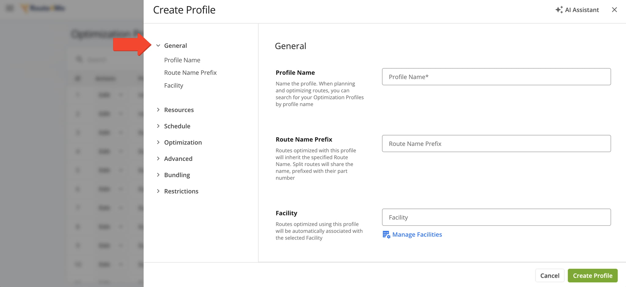 From the General Settings tab, you can assign a profile name, route name prefix, and facility to the Optimization Profile.