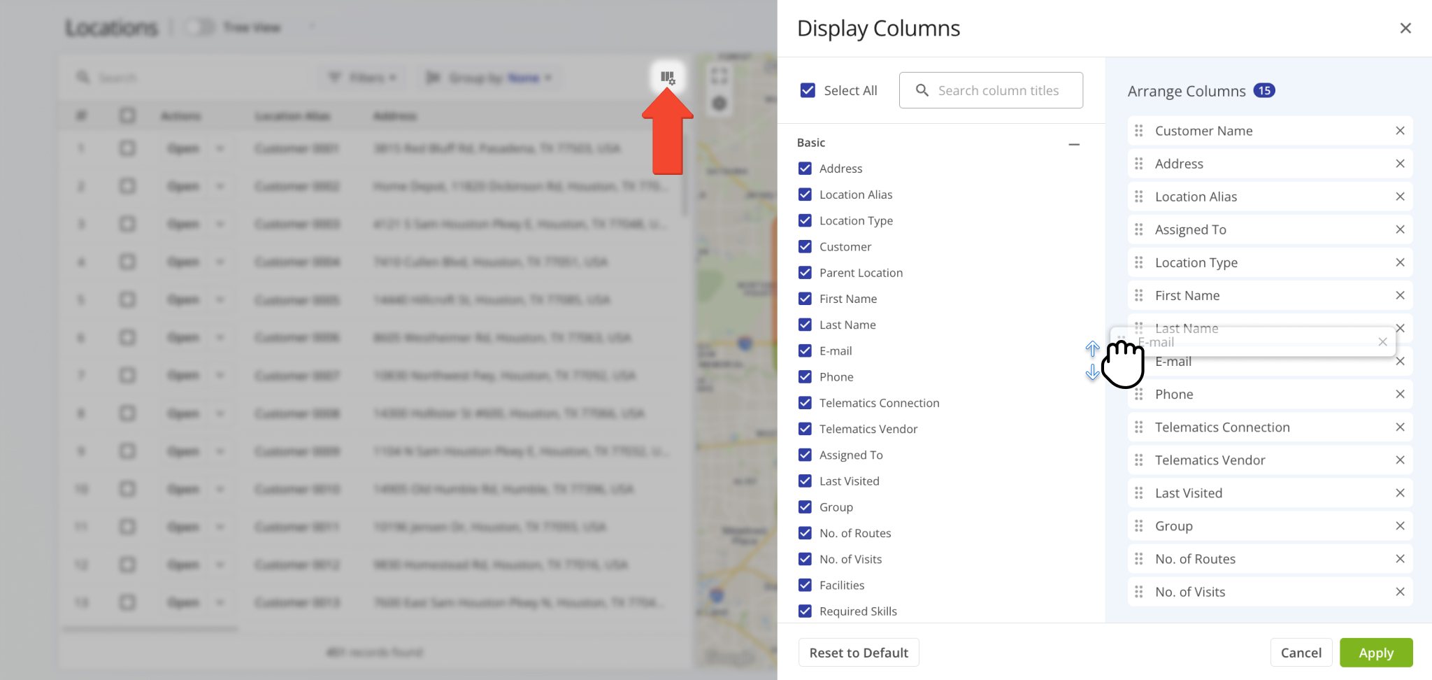For convenience, you can easily customize which Display Columns appear on your Customer Locations page and in what order.