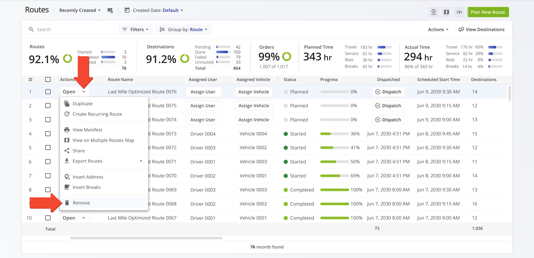 Delete routes to keep your routes list accurate and free of clutter.
