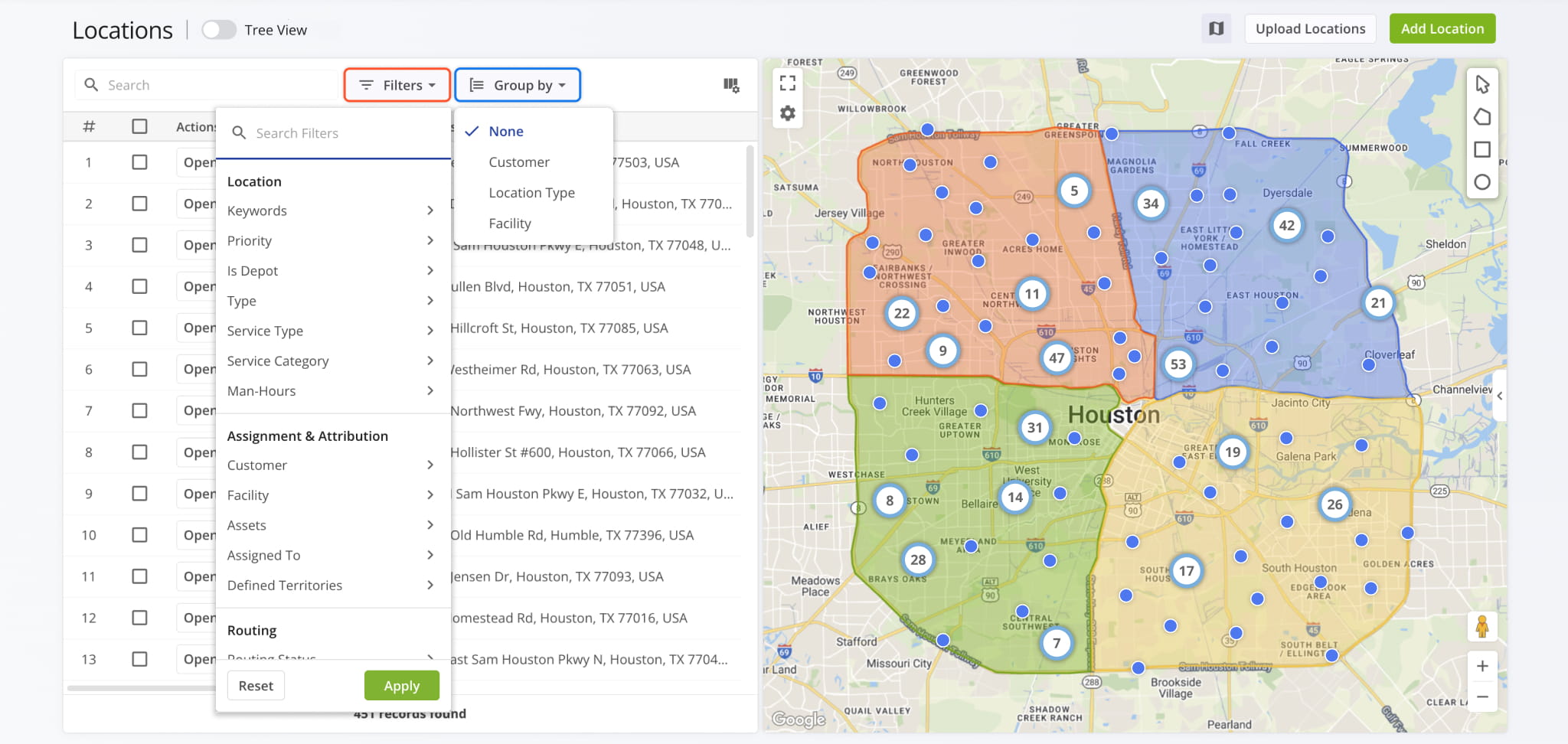 Filter and group locations on your account.